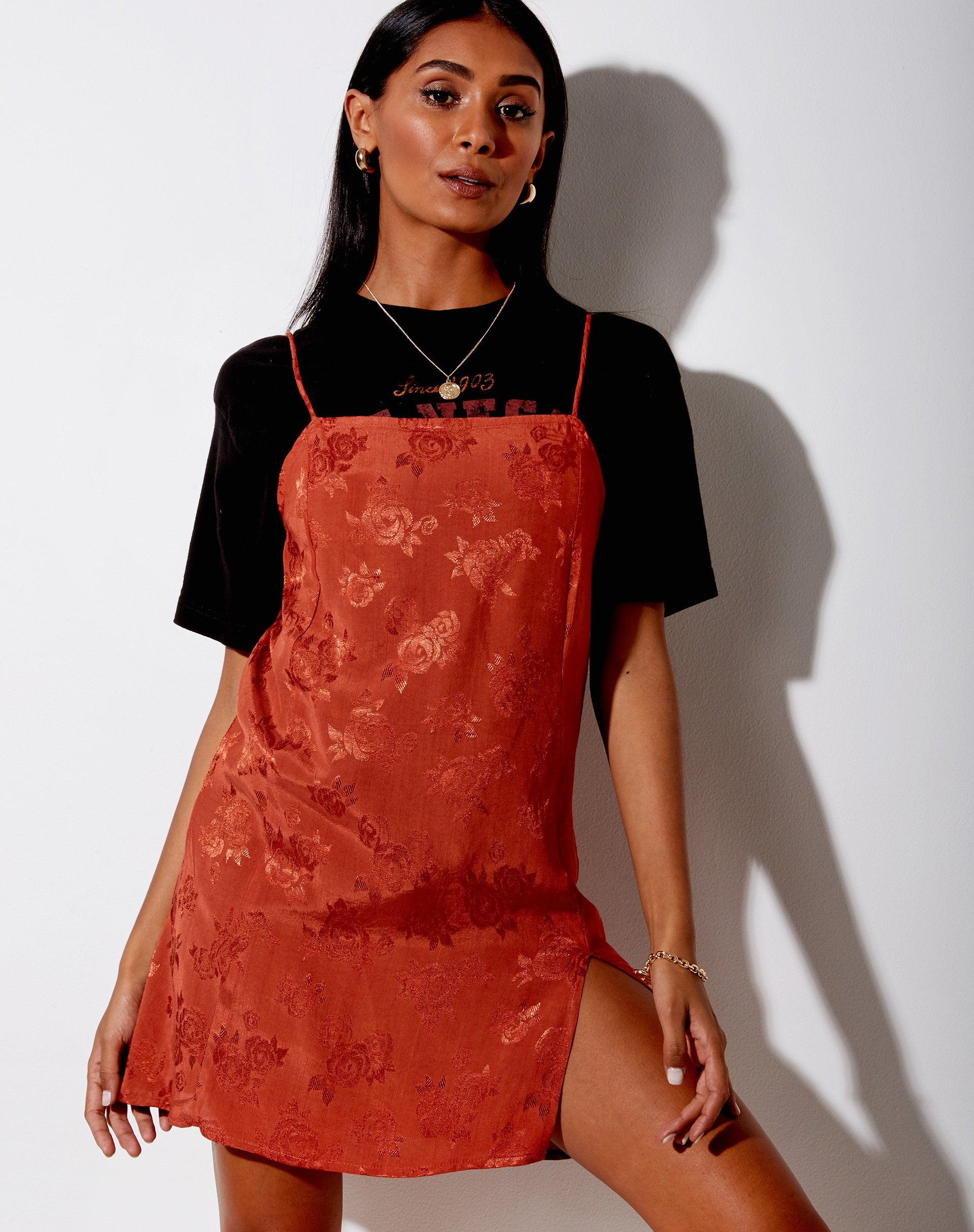copper satin dress Copper Satin Floral Strappy Mini Slip Dress