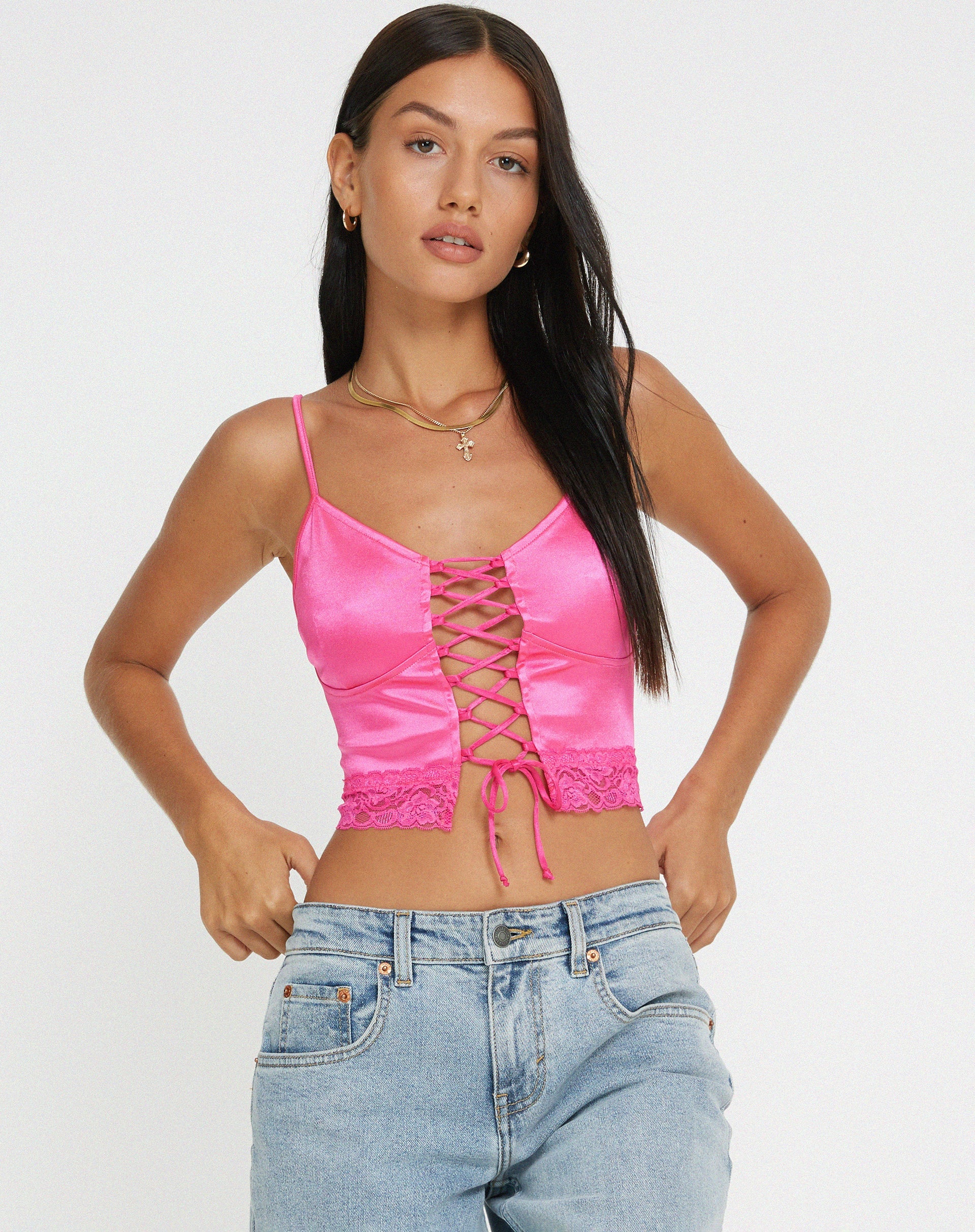 Pink satin crop sales top