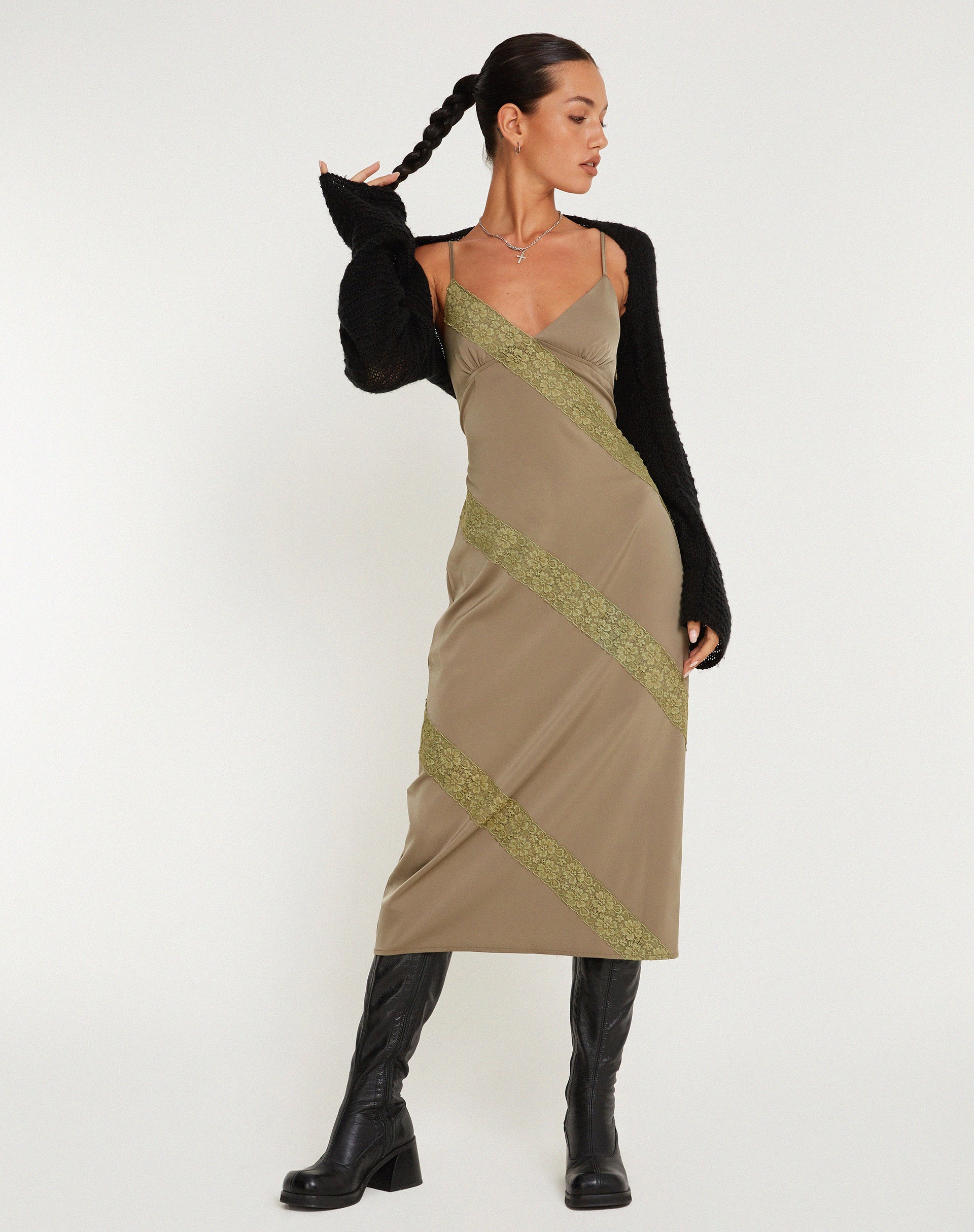 image of Deonne Midi Dress in Satin Avocado