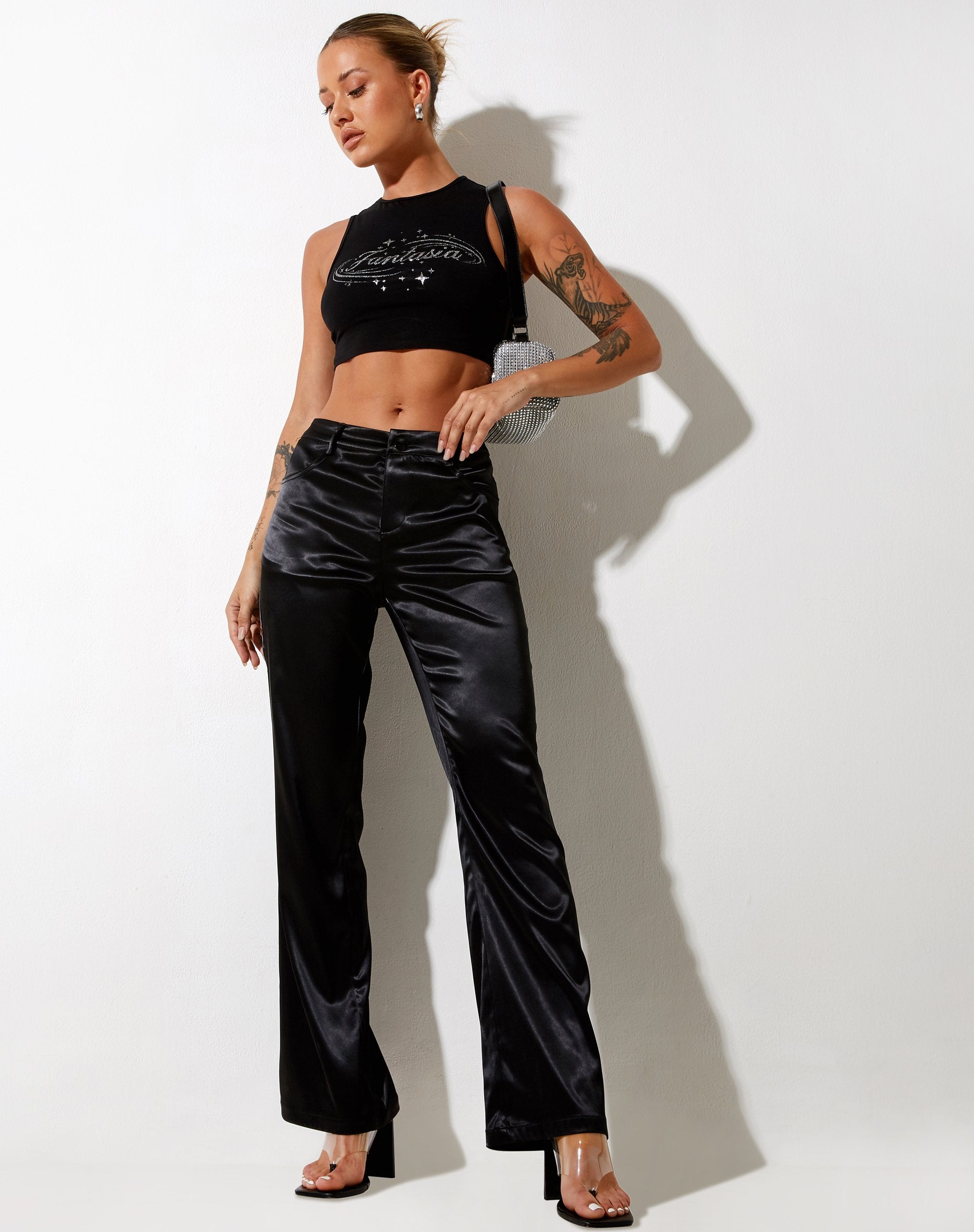 Image of Desta Trouser in Satin Black Fantasia Diamante