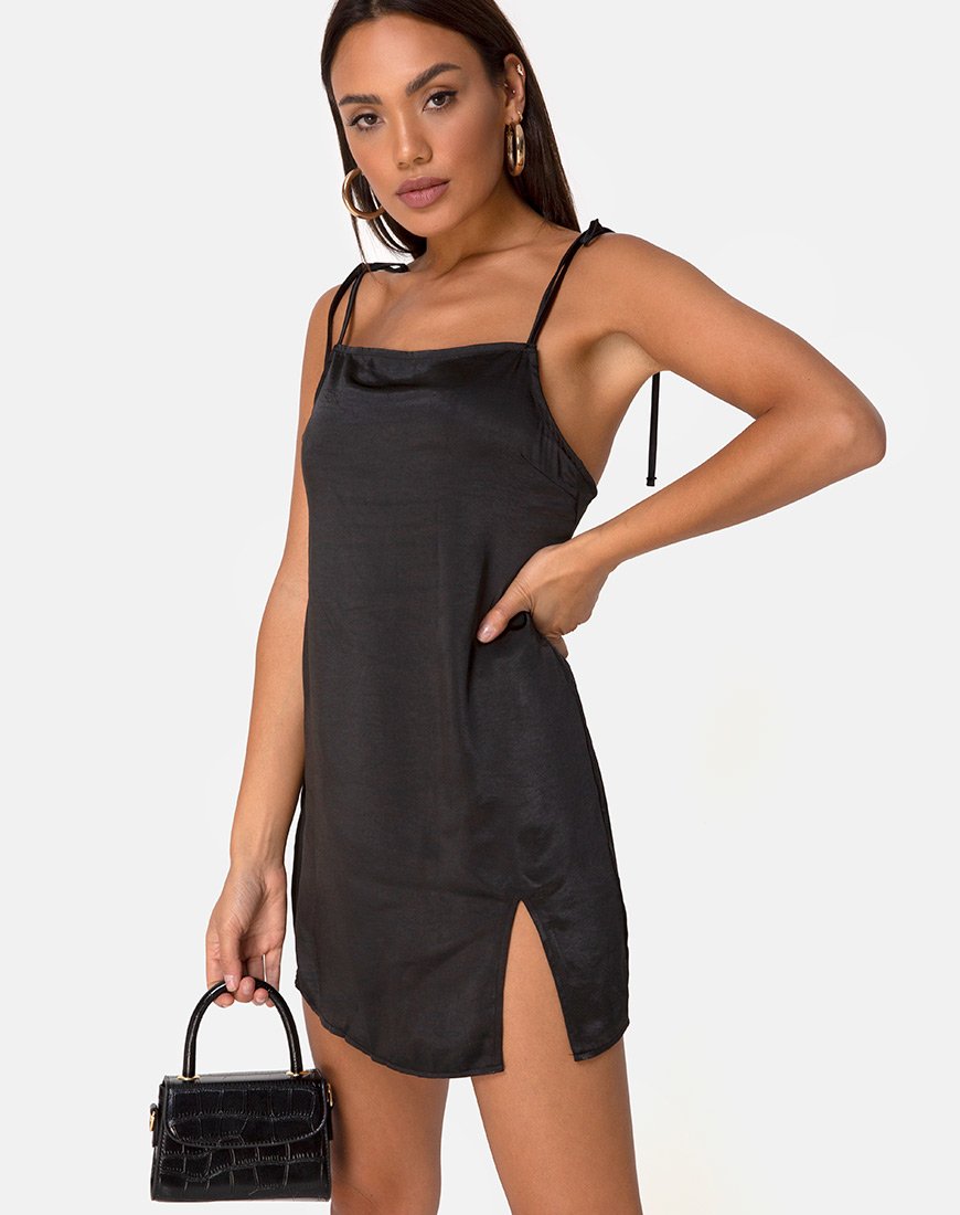motel rocks black satin dress Damora Midi Dress in Satin Black