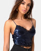 Image of Drilly Crop Top in Midnight Mini Sequin with Black Lace