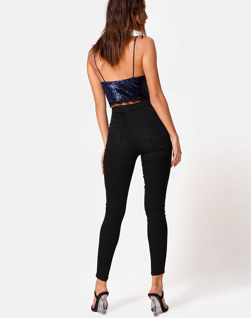 Image of Drilly Crop Top in Midnight Mini Sequin with Black Lace