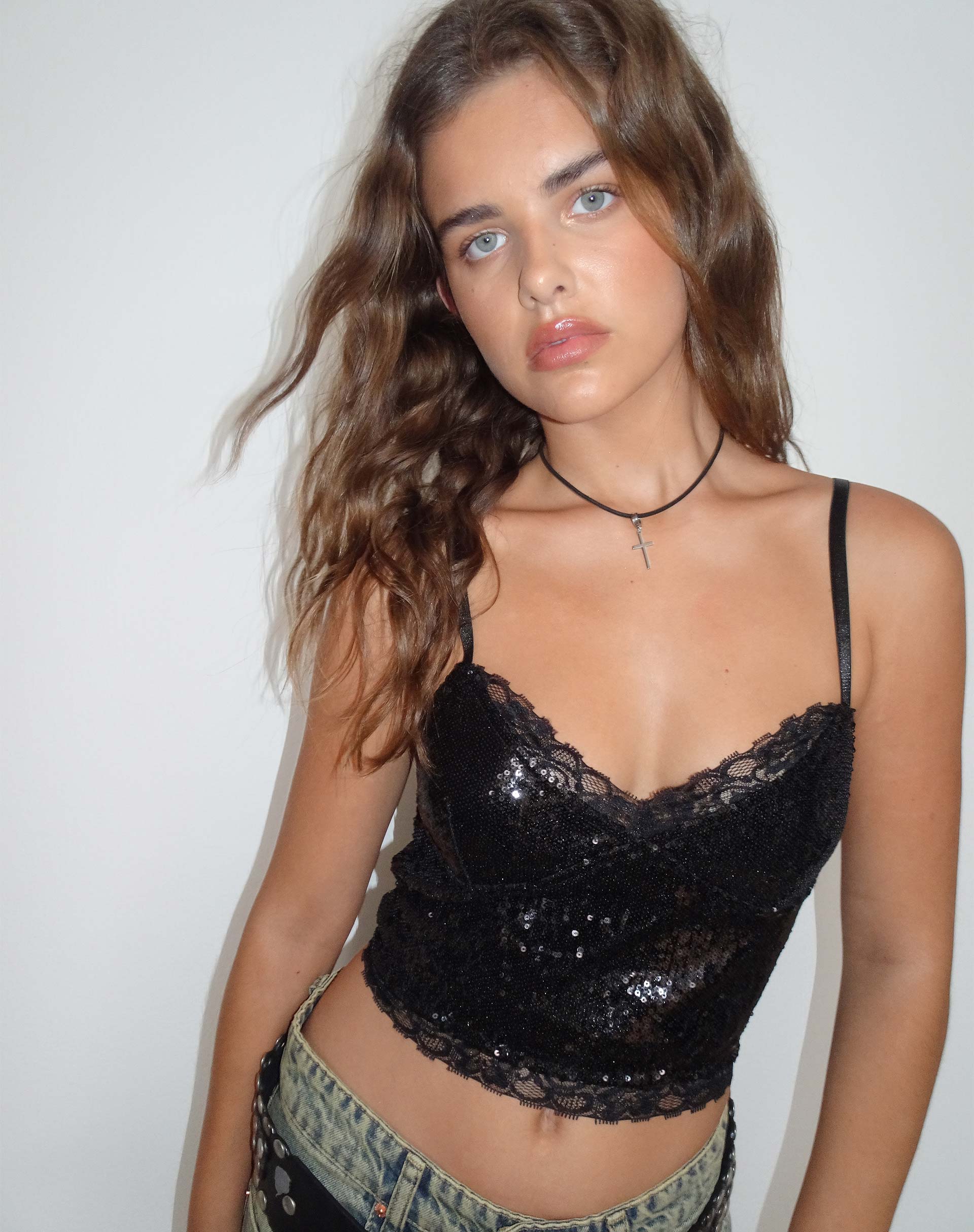 image of Urban X Motel Drilly Crop Top in Black Mini Sequin