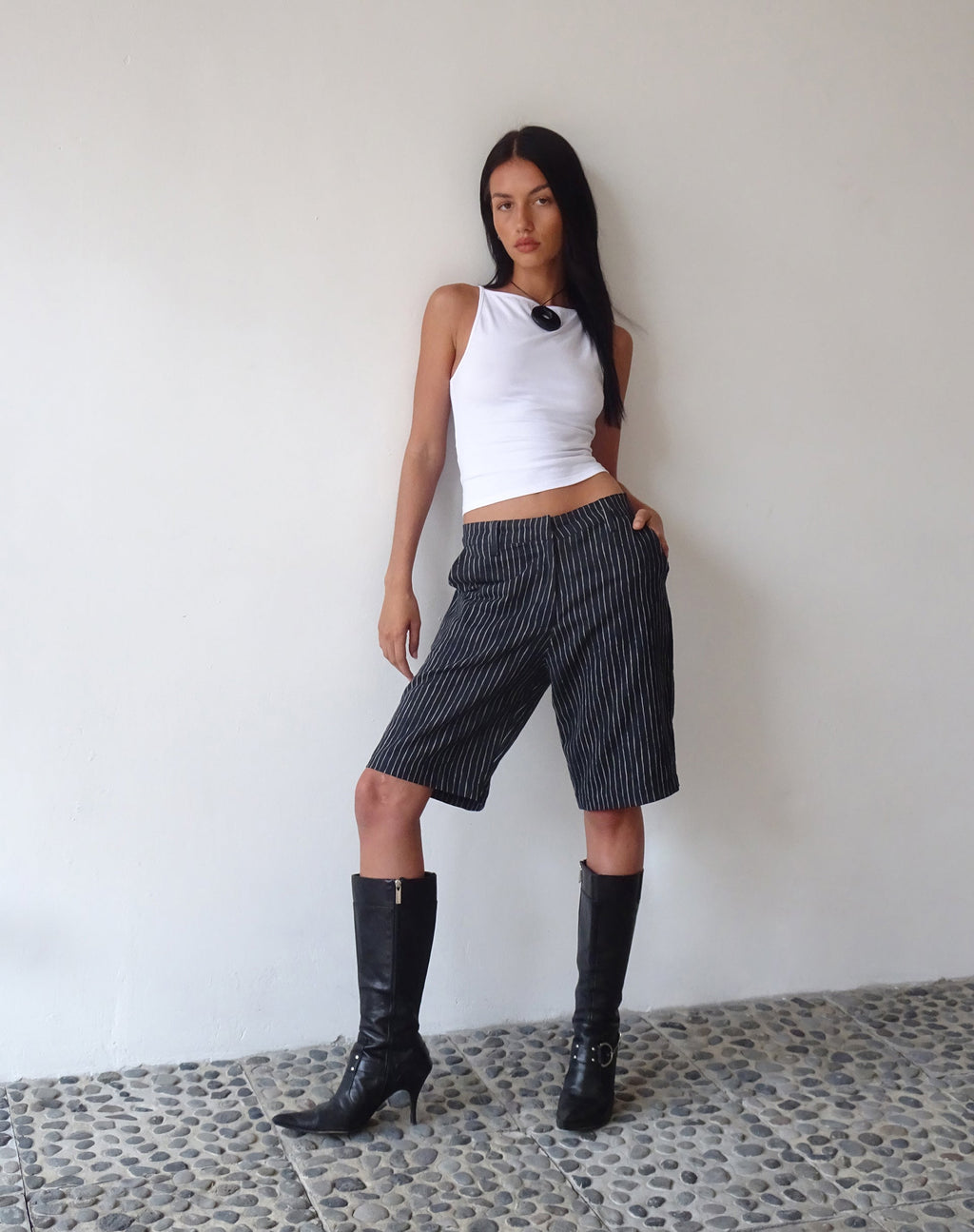 MOTEL X JACQUIE Tabaru Longline Shorts in Sketchy Stripe Black