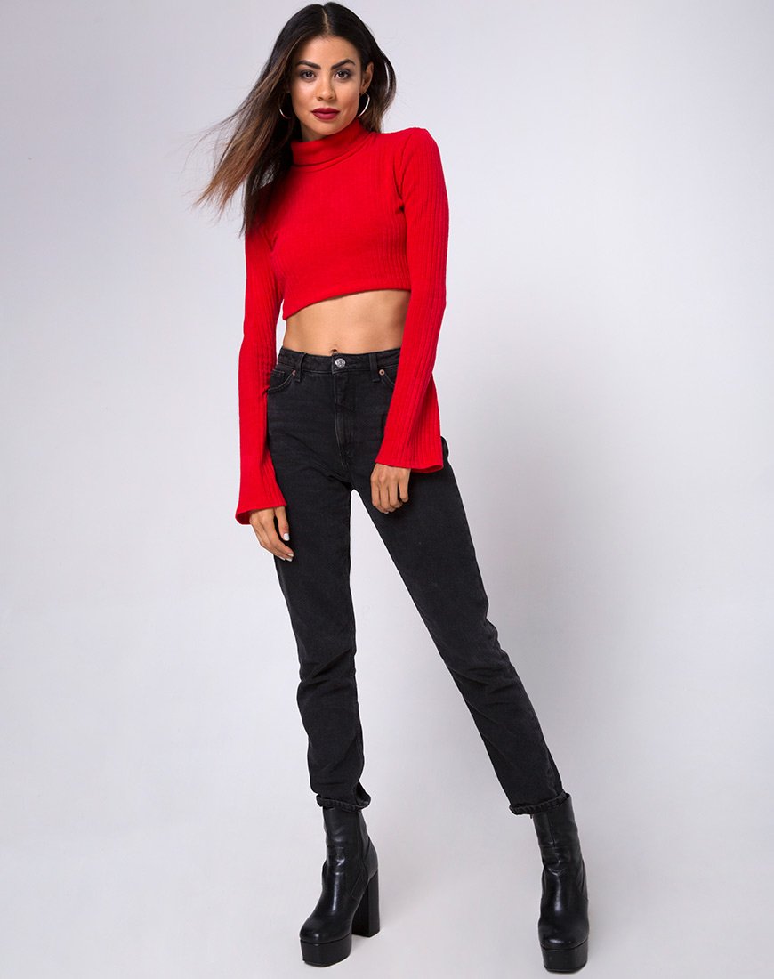 Image of Elena Crop Top in Rib Knit Red