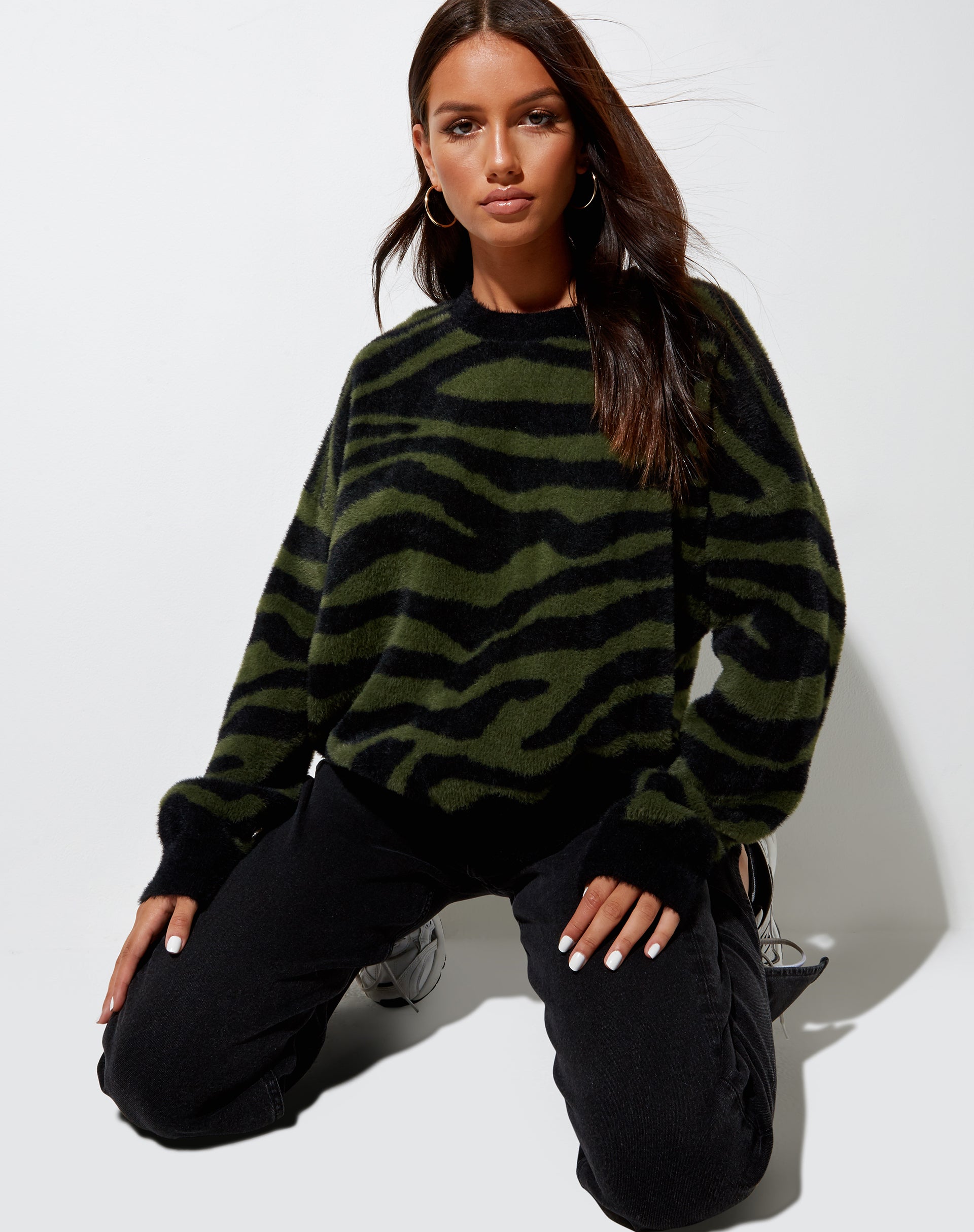 Image of Eleni Jumper in Knit Zebra Olive and Black