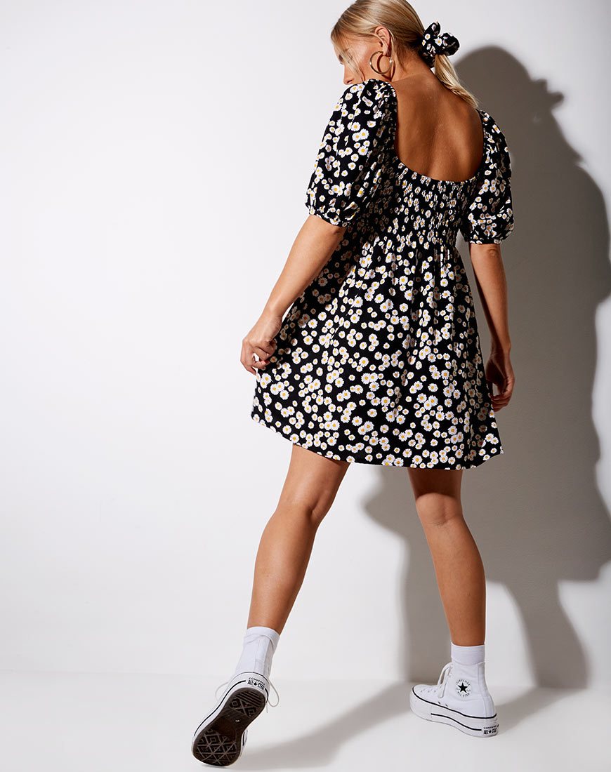 3/4 Sleeve Black and White Daisy Print Babydoll Dress | Eltra motelrocks-com-us 3/4 Sleeve Black and White Daisy Print Babydoll Dress | Eltra motelrocks-com-us