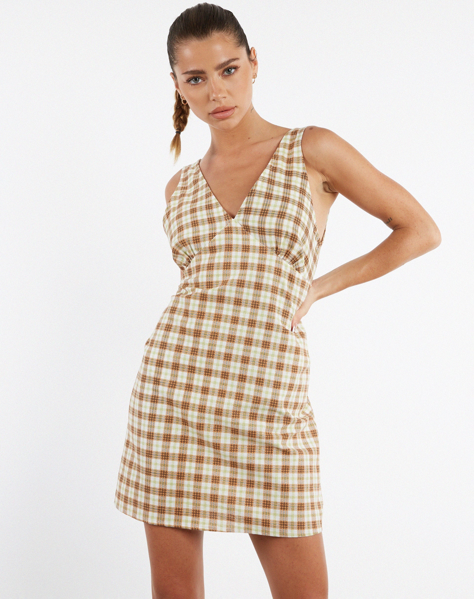 Eluned Day Dress in Yellow and Brown Check