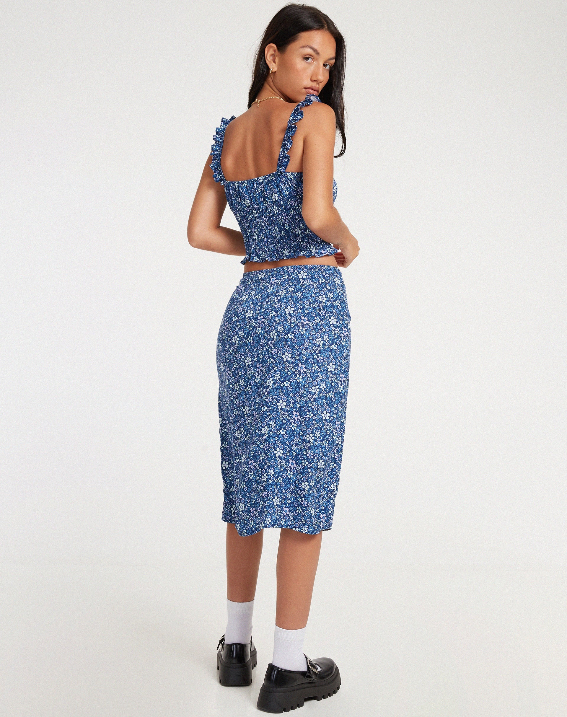 image of Harriet Midi Skirt in Retro Floral Blue