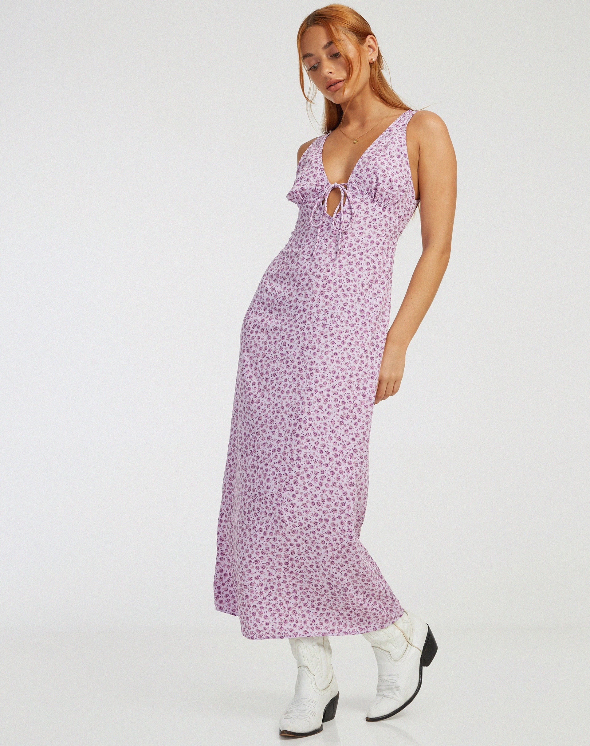 purple ditsy dress Lona Midi Dress in Ditsy Rose Lilac