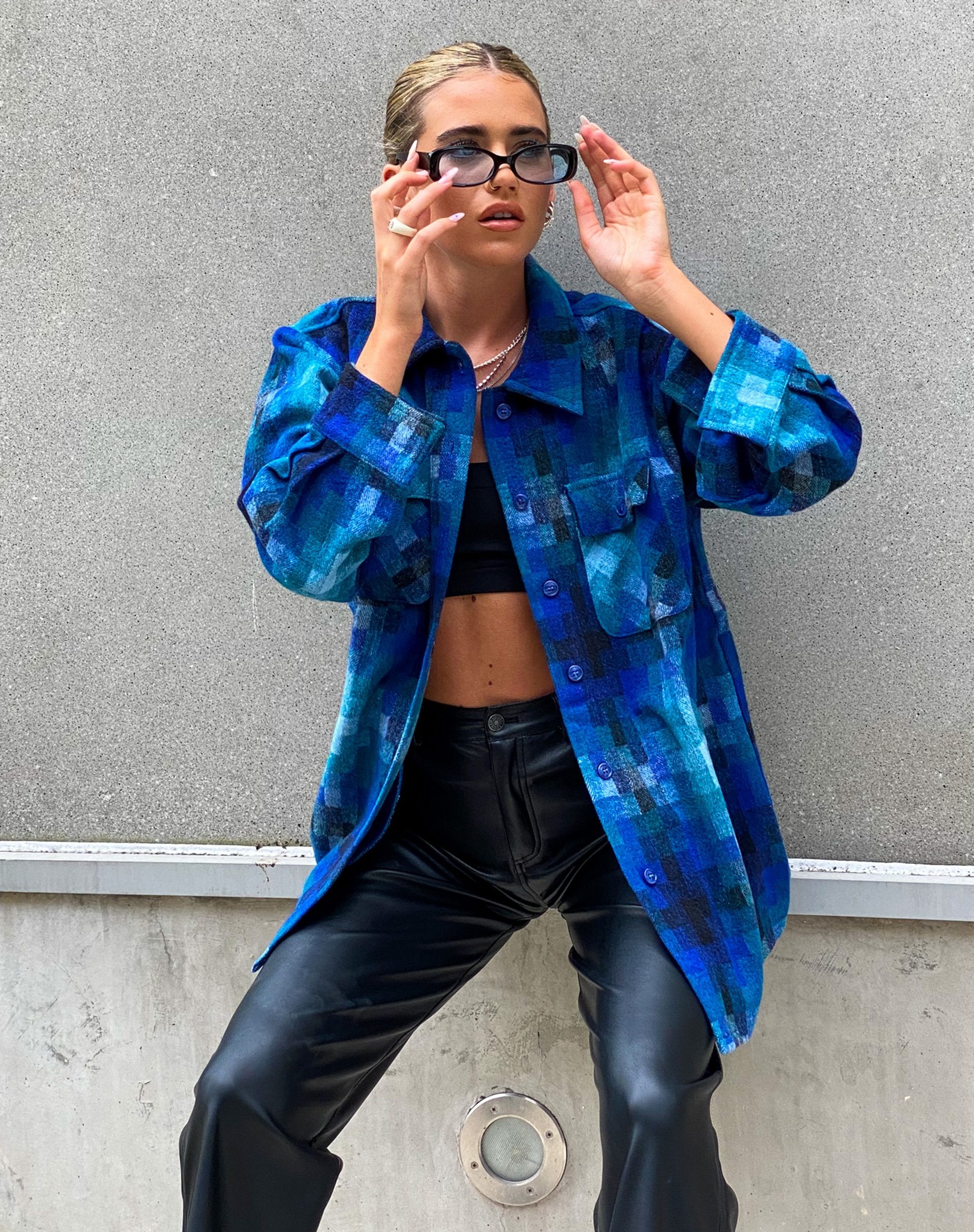 Blue Check Print Oversized Shirt | Medita – motelrocks-com-us