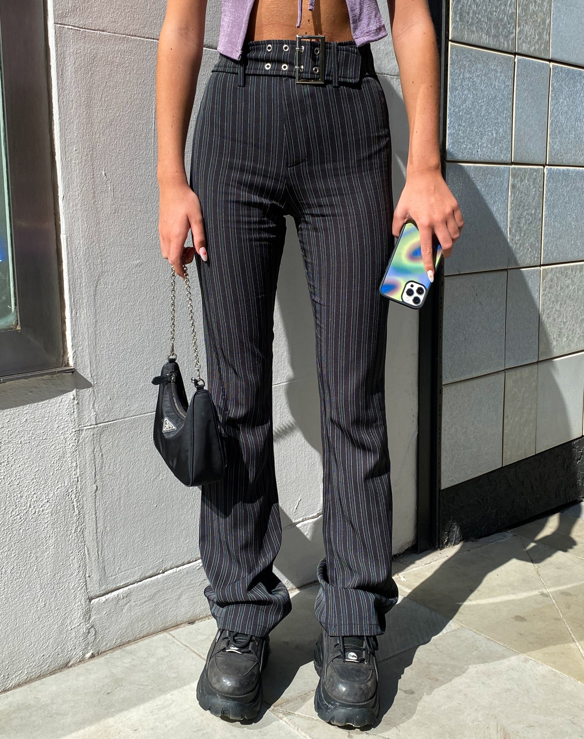 Pinstripe Flare Jeans Black Stripe Belted Flare Trousers Zocha