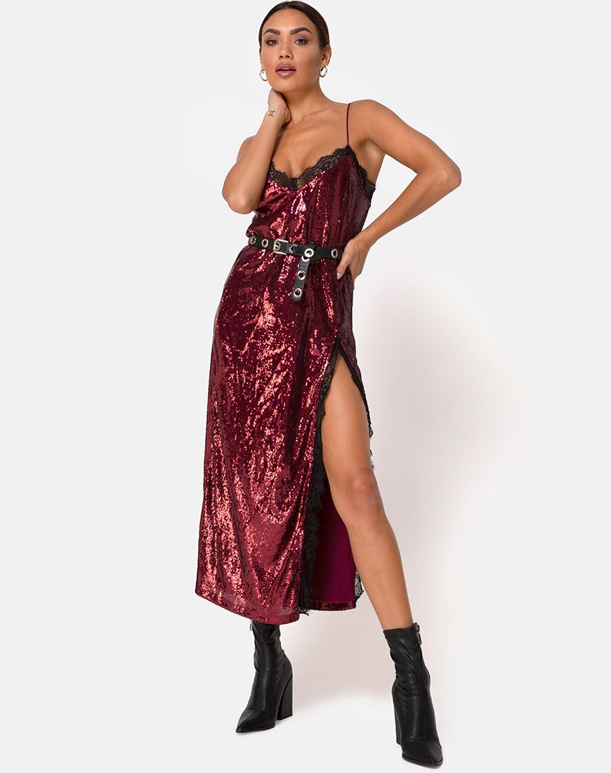 Image of Fitilia Dress in Burgundy Mini Sequin with Black Lace