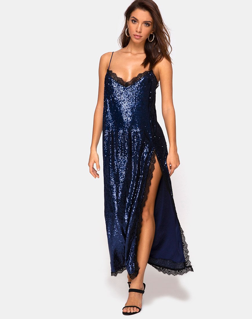 Slit Midnight Blue Slip Dress Dark Blue Sequined Maxi Dress Lace Fitilia Motelrocks-com-us Slit Midnight Blue Slip Dress Dark Blue Sequined Maxi Dress Lace Fitilia Motelrocks-com-us