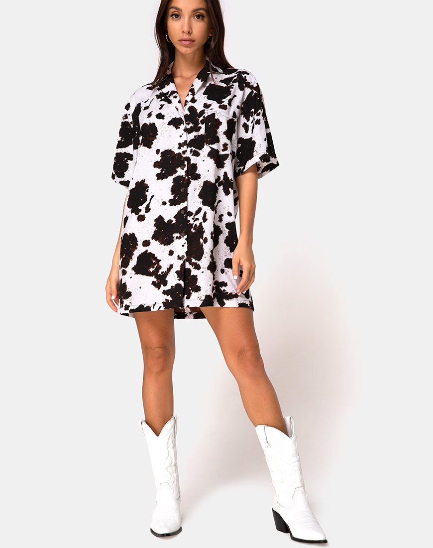 Image of Fresia Mini Dress in Cow Hide Brown and White