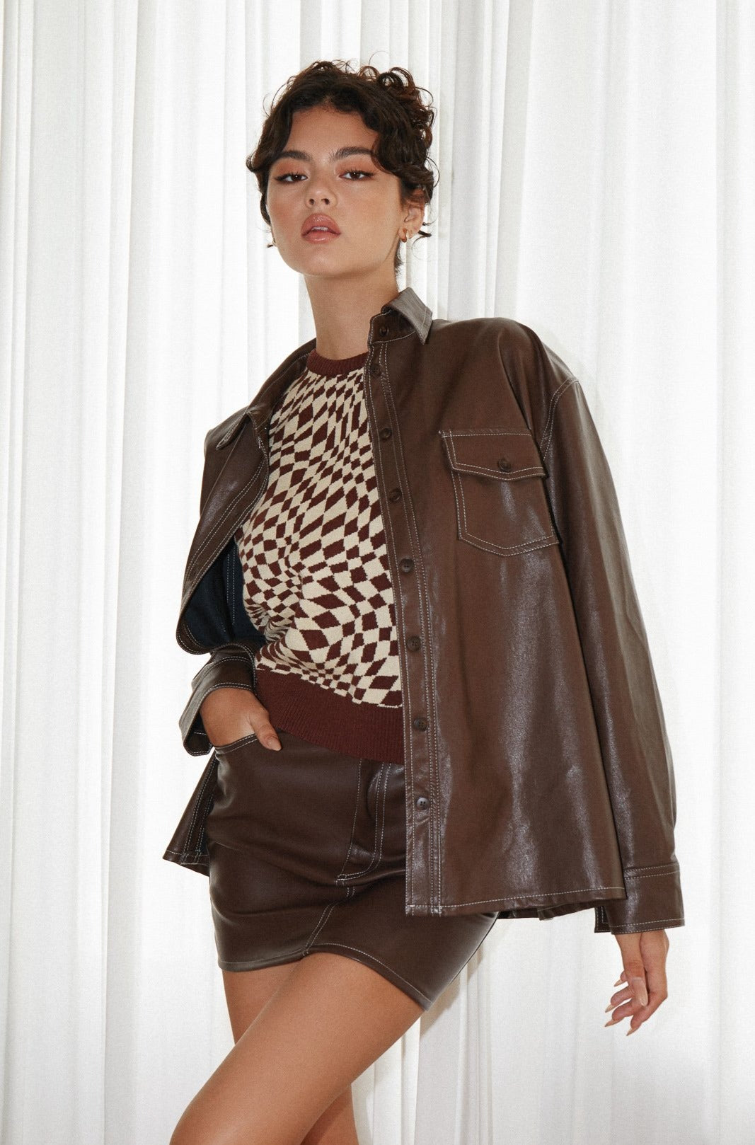 Chocolate Brown PU Leather Shacket | Kancana – motelrocks-com-us