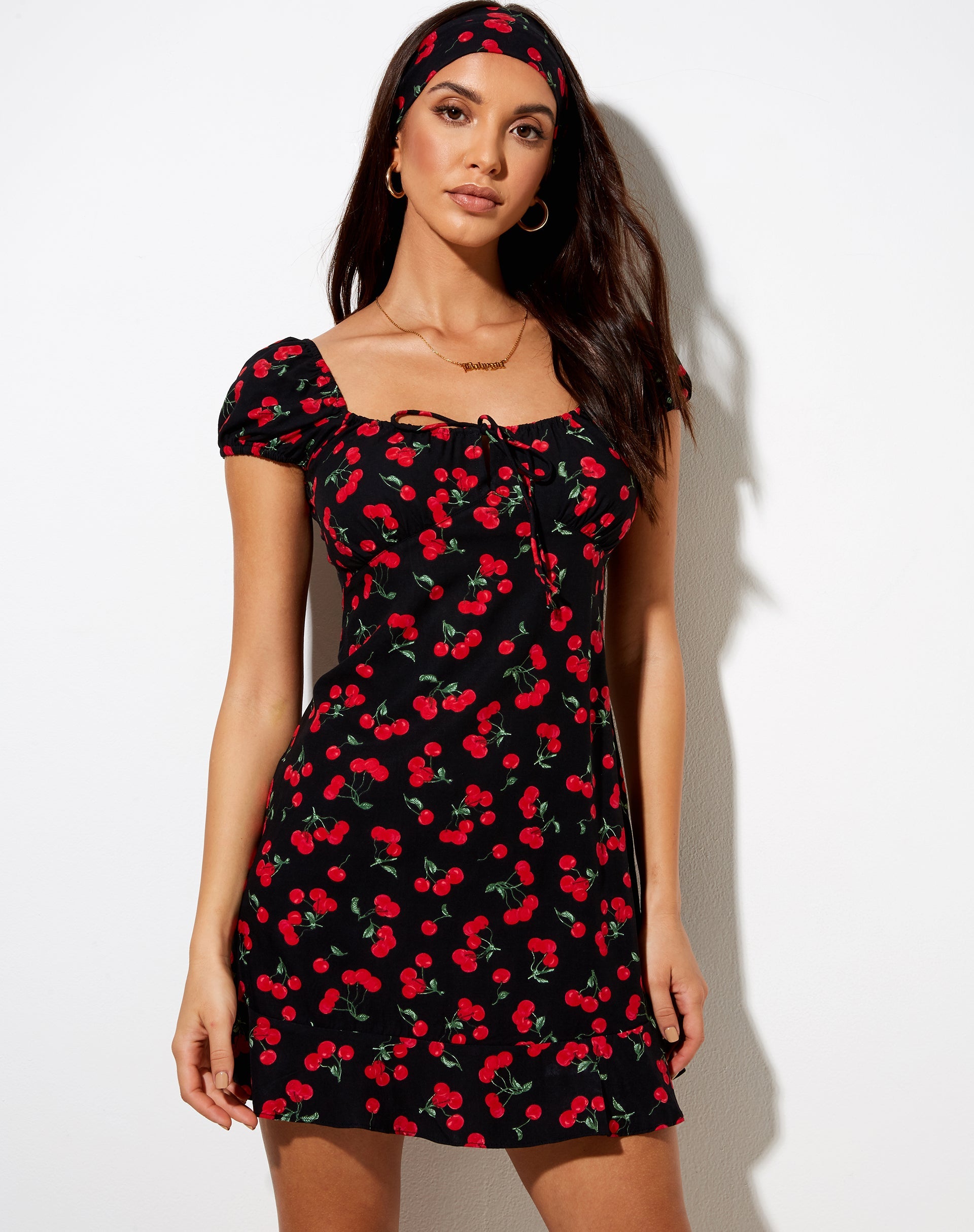 Black and Red Cherry Print Mini Dress Black and Red Cherry Print Mini Dress