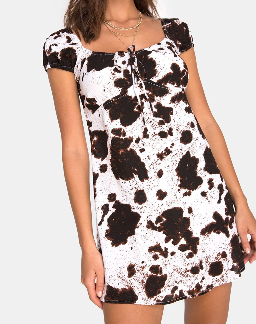 Short Sleeve Brown and White Cow Print Mini Dress Short Sleeve Brown and White Cow Print Mini Dress