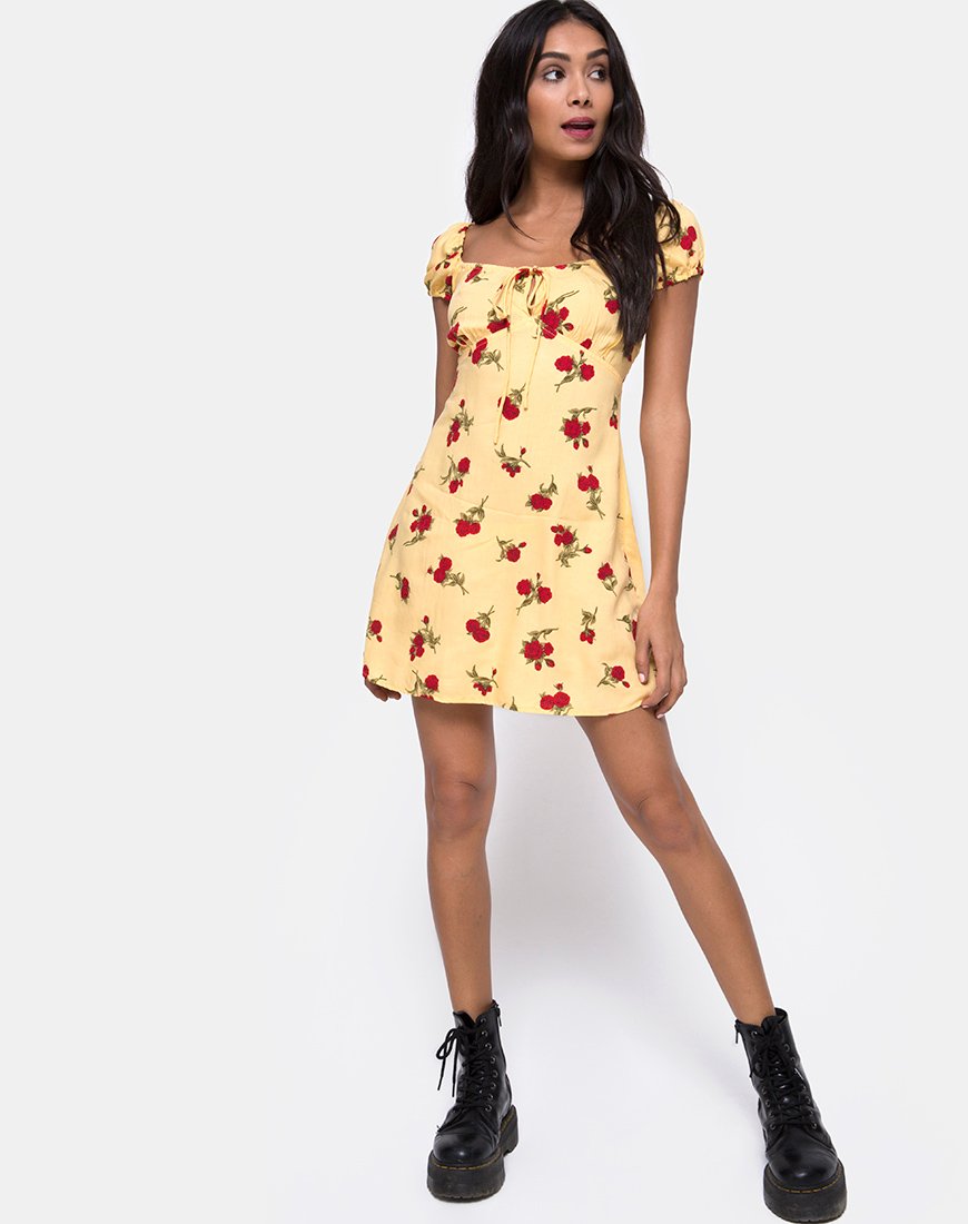 Gaval Mini Dress in Falling Rose Yellow Gaval Mini Dress in Falling Rose Yellow