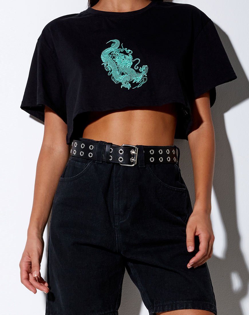 Image of Georgi Cropped Tee in Black and Mint Dragon Placement