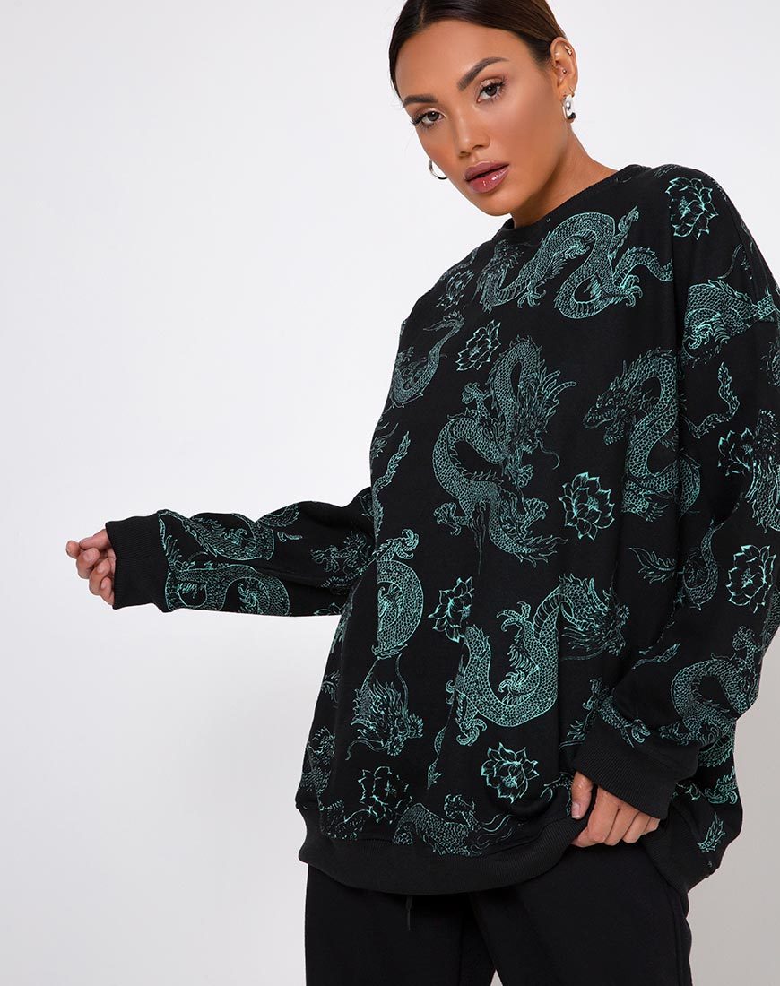 Image of Glo Sweatshirt in Dragon Flower Black and Mint