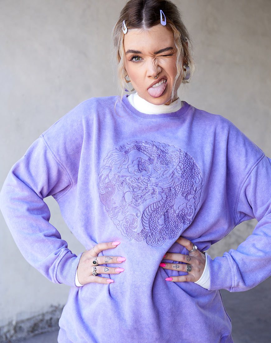 Image of Glo Sweatshirt in Lilac Wash with Dragon Embro