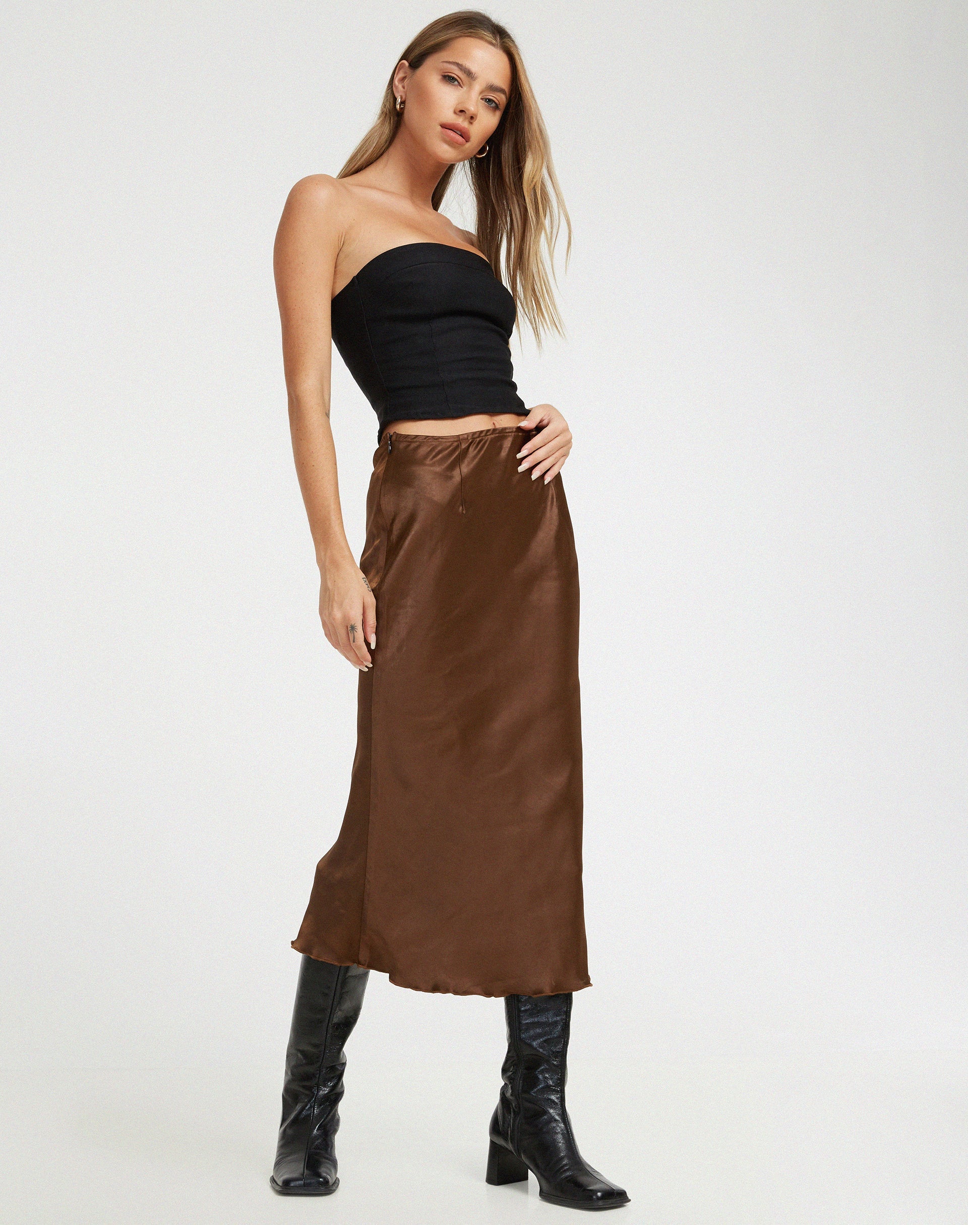 Chocolate Brown Satin Midi Skirt | Goya – motelrocks-com-us