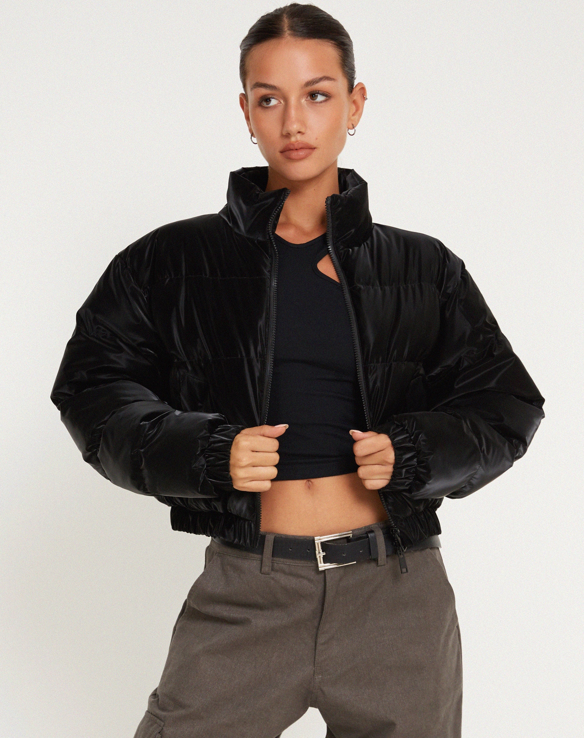 Black Pillow Neck Cropped Puffer Jacket