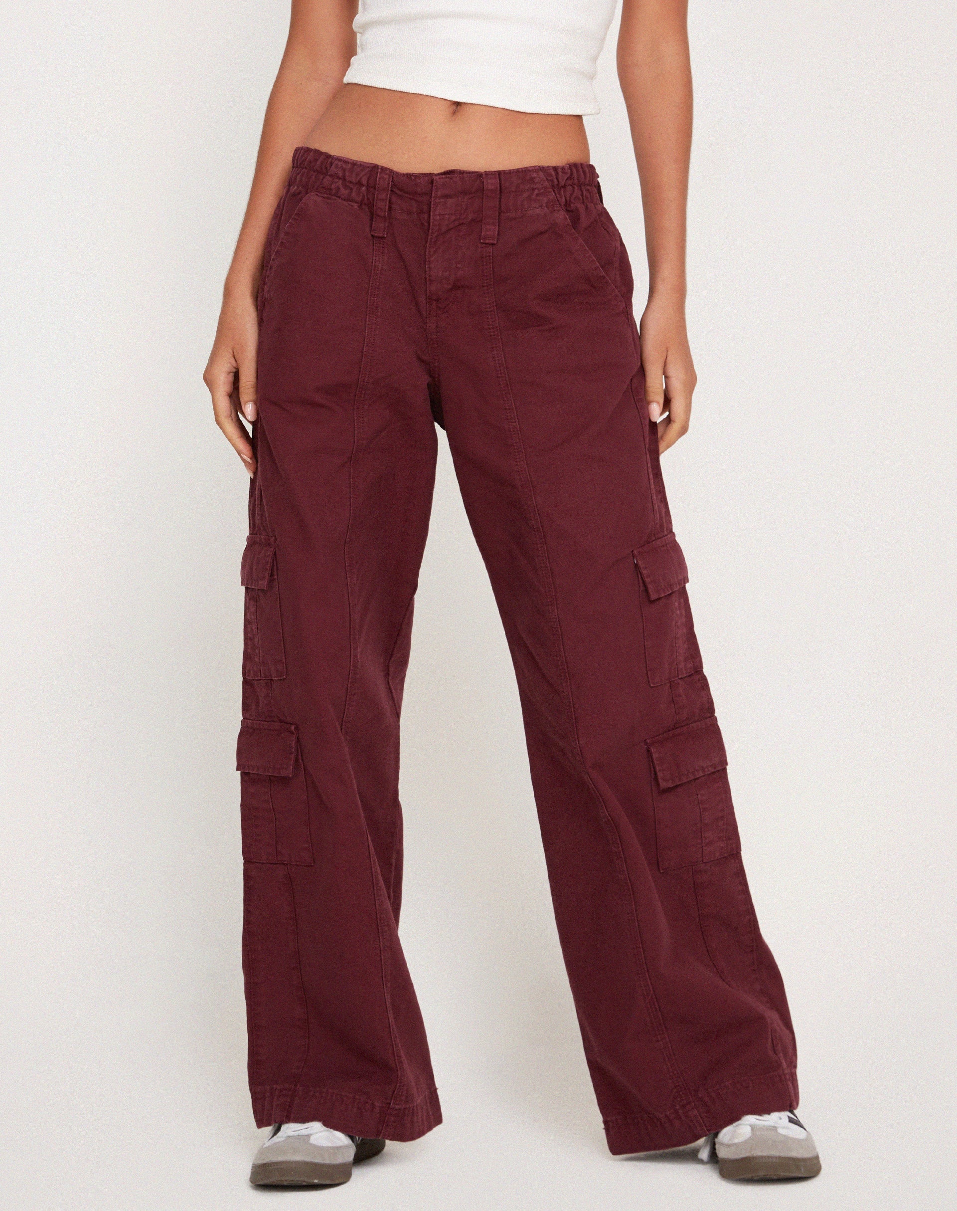Casual Plain Cargo Pants Burgundy Women's Pants (Women's)