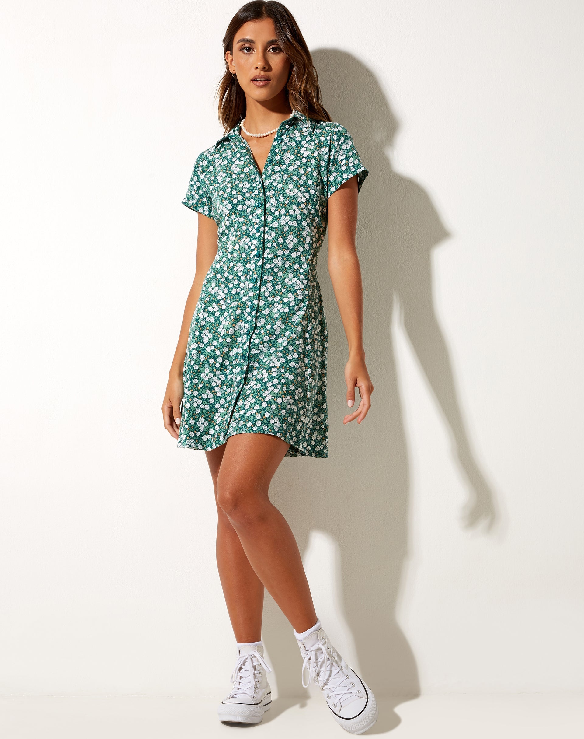 Green Floral Print Button Up Short Sleeve Mini Dress | Holma – motelrocks -com-us