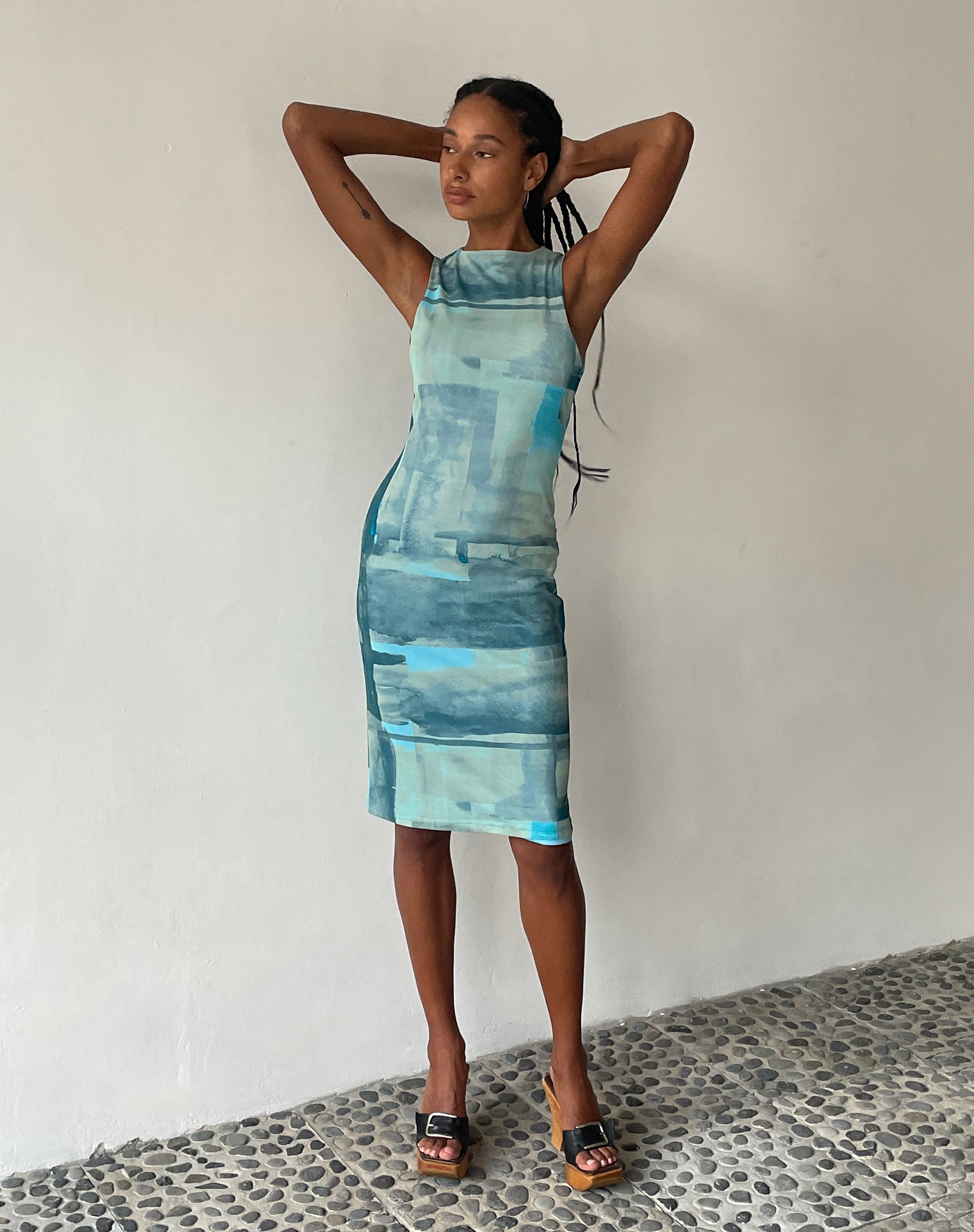 MOTEL X JACQUIE Indie Midi Dress in Mesh Green and Blue Abstract Paint Brush MOTEL X JACQUIE Indie Midi Dress in Mesh Green and Blue Abstract Paint Brush