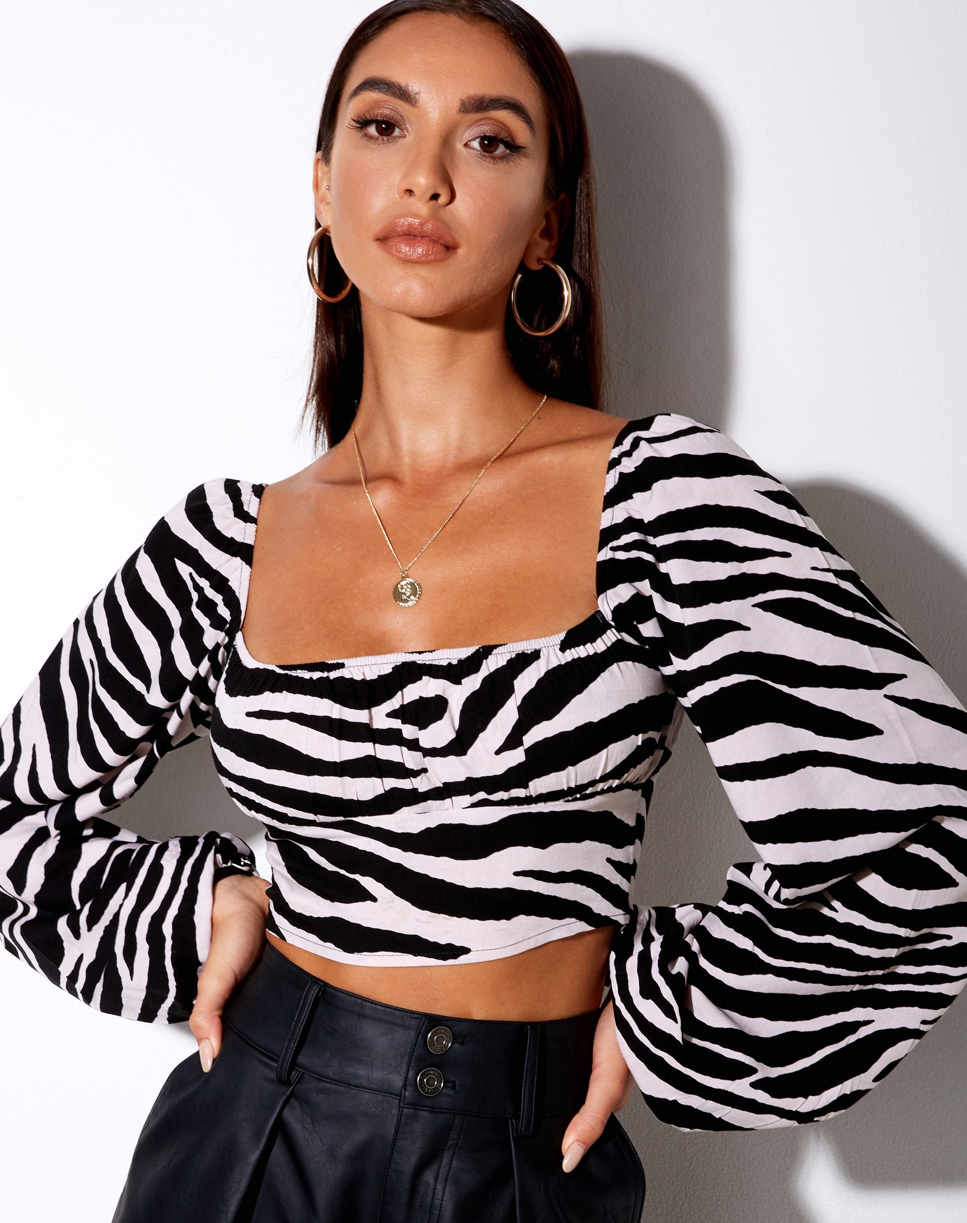 Black and White Zebra Print Long Sleeved Crop Top | Irene