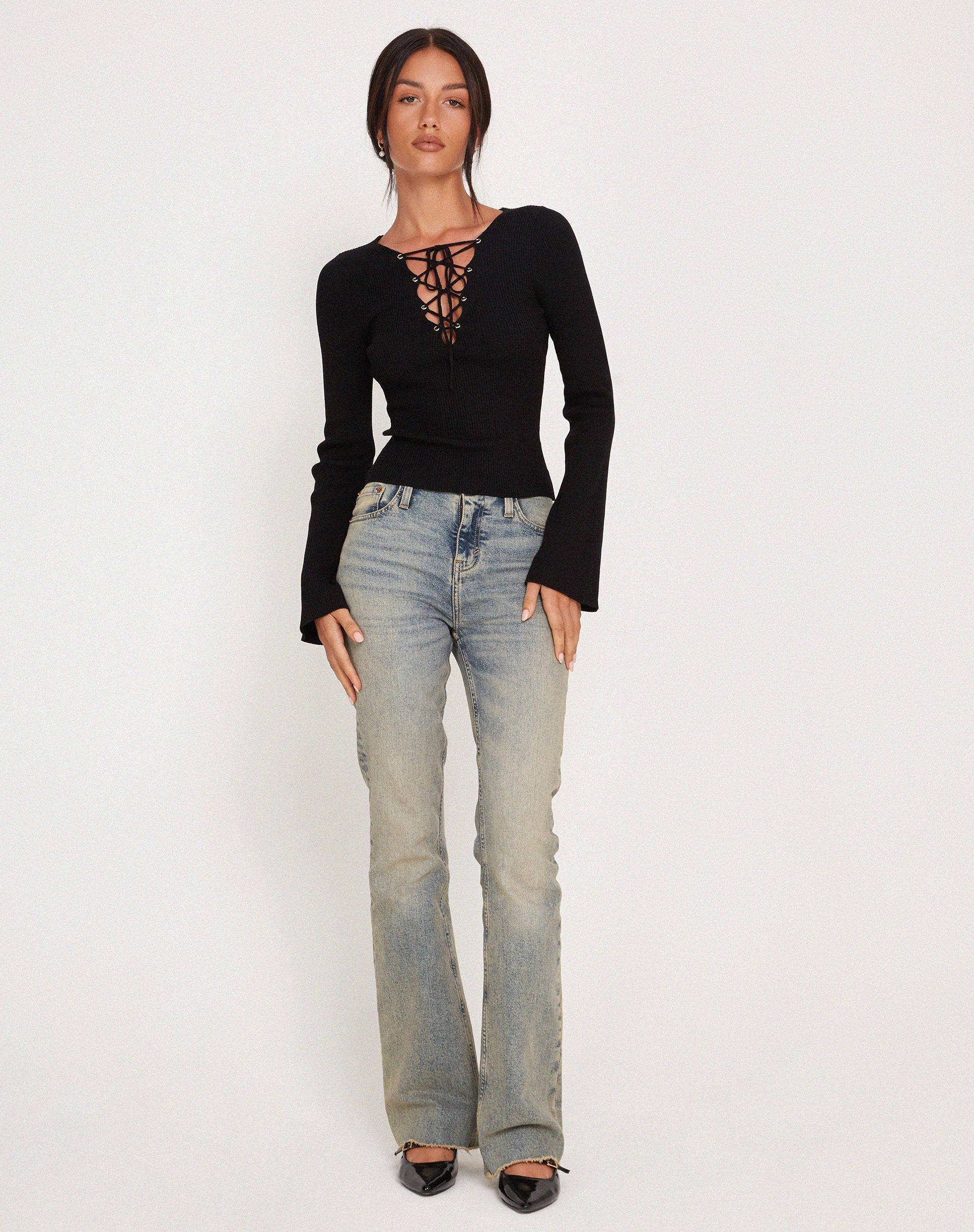 Image of Issey Long Sleeve Lace up Top in Black