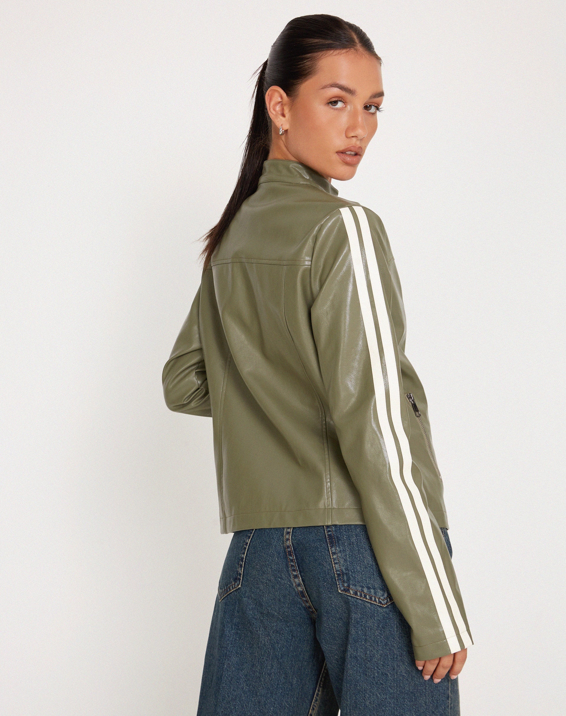 image of Jacquie Zip Up Biker Jacket in PU Green with Ivory Stripe