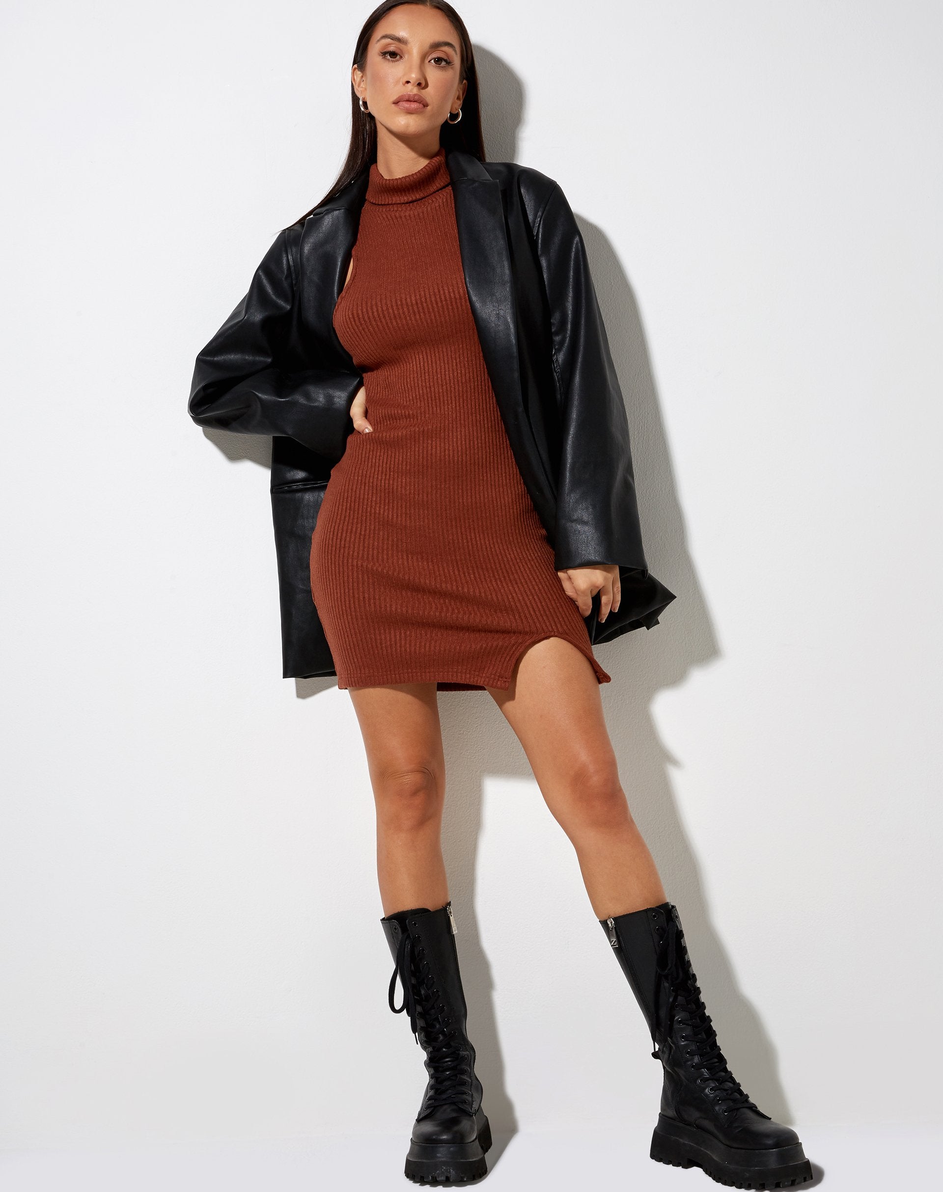 Jamaika Mini Dress in Rib Chocolate - Main Image