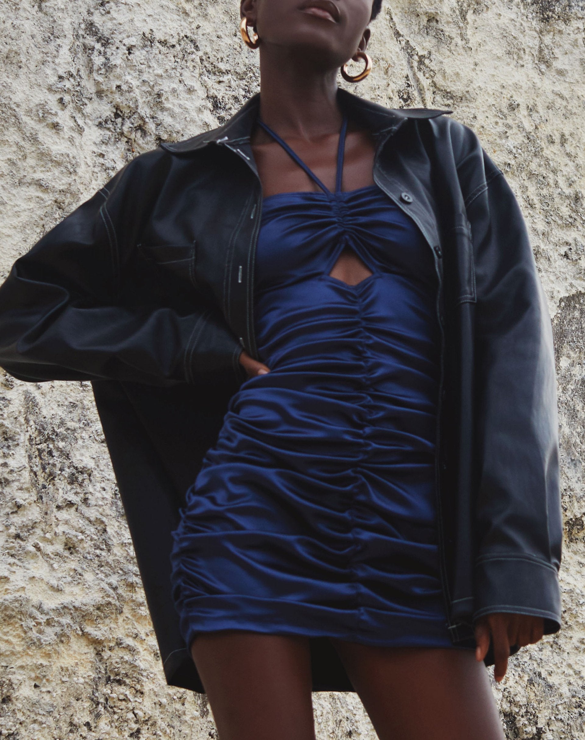 Dark Blue Satin Ruched Halter Neck Mini Dress | Amilia motelrocks-com-us Dark Blue Satin Ruched Halter Neck Mini Dress | Amilia motelrocks-com-us