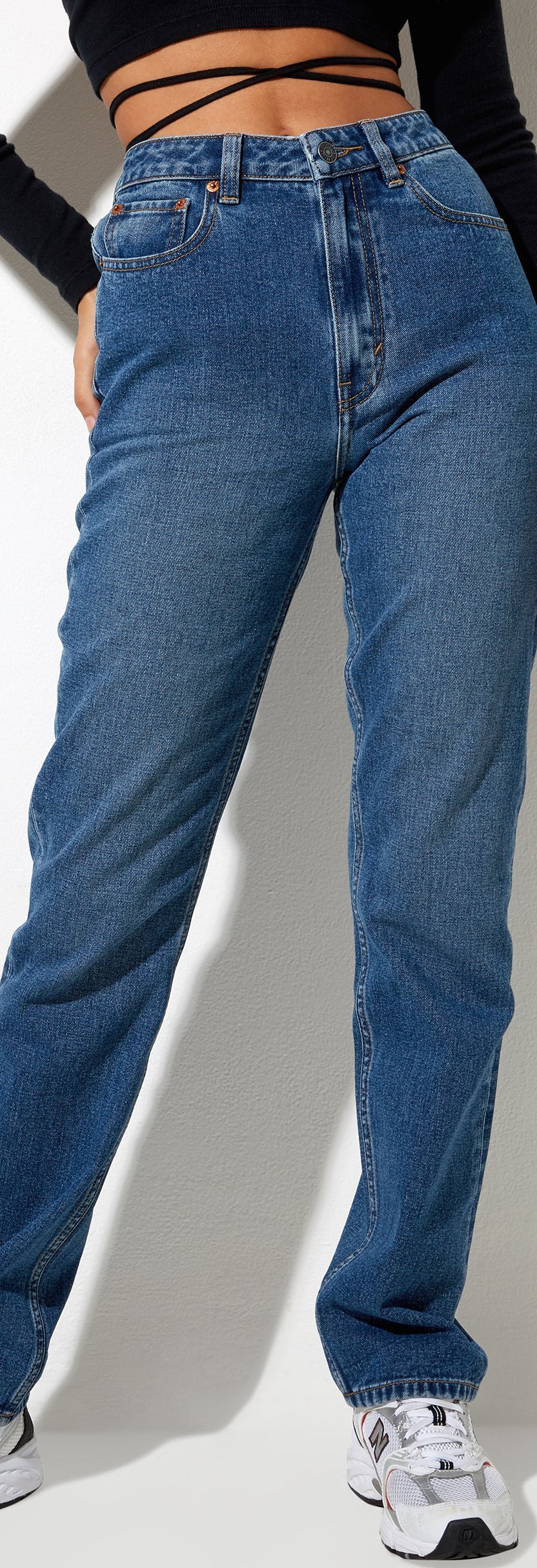 High Waisted Straight Leg Mid Wash Denim Jeans Jess