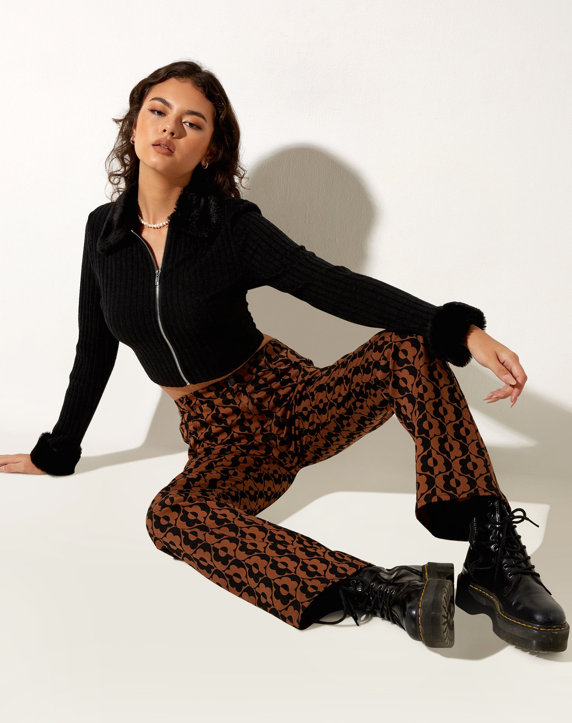 Low Rise Brown Print Flare Trouser | Jopan – motelrocks-com-us