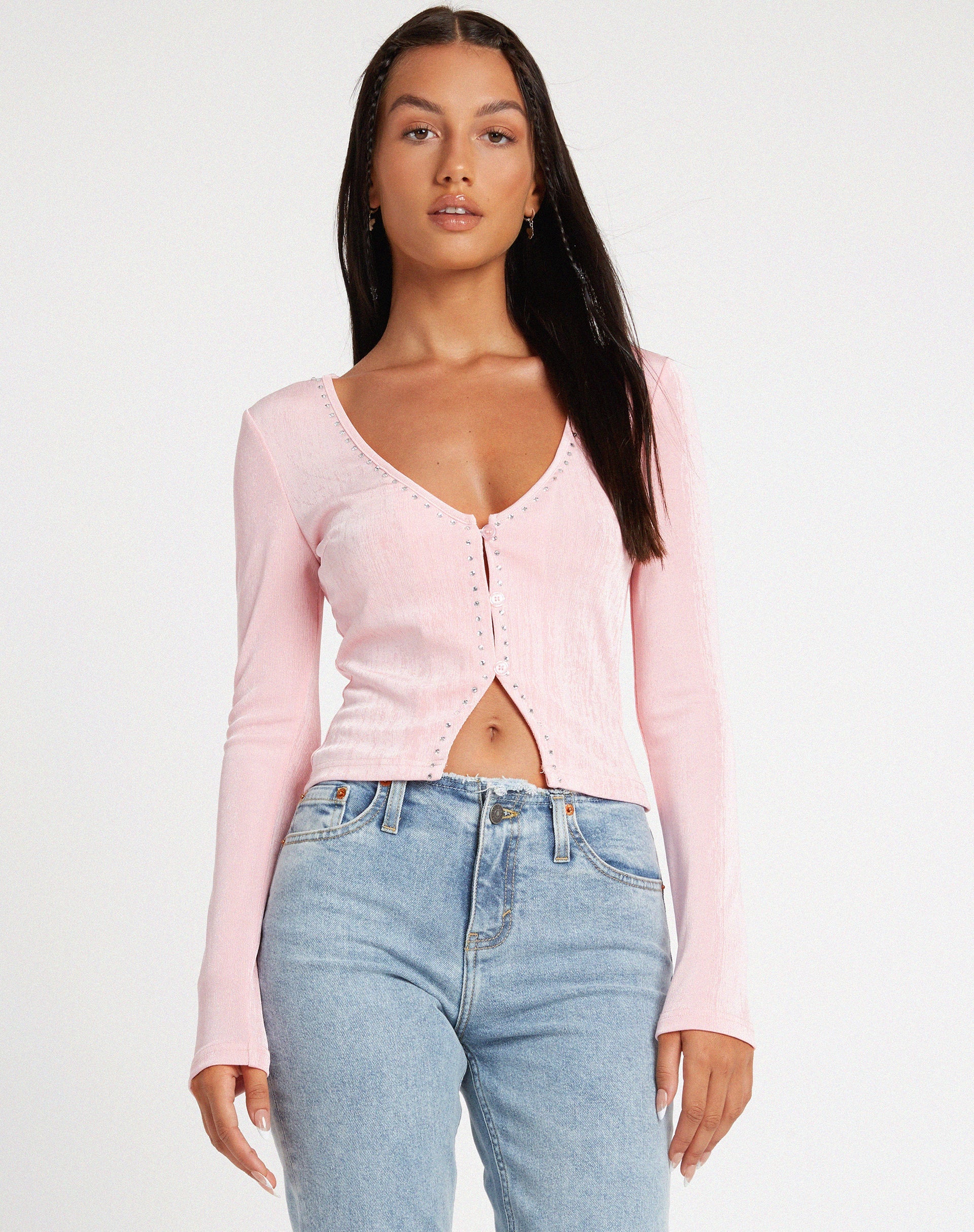 image of Kaigra Cardi in Baby Pink Silver Stud Hotfix
