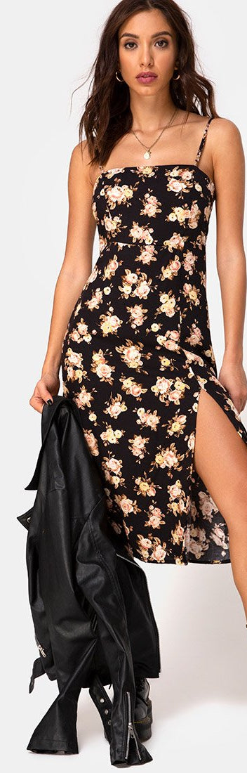Black Floral Print Midi Dress | Kaoya – motelrocks-com-us