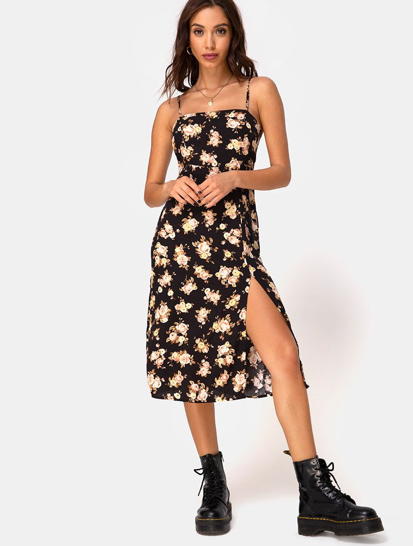 Black Floral Print Midi Dress | Kaoya – motelrocks-com-us