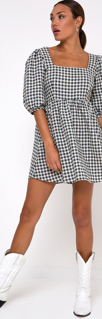 3/4 Sleeve Black and White Check Skater Dress | Kezie – motelrocks-com-us