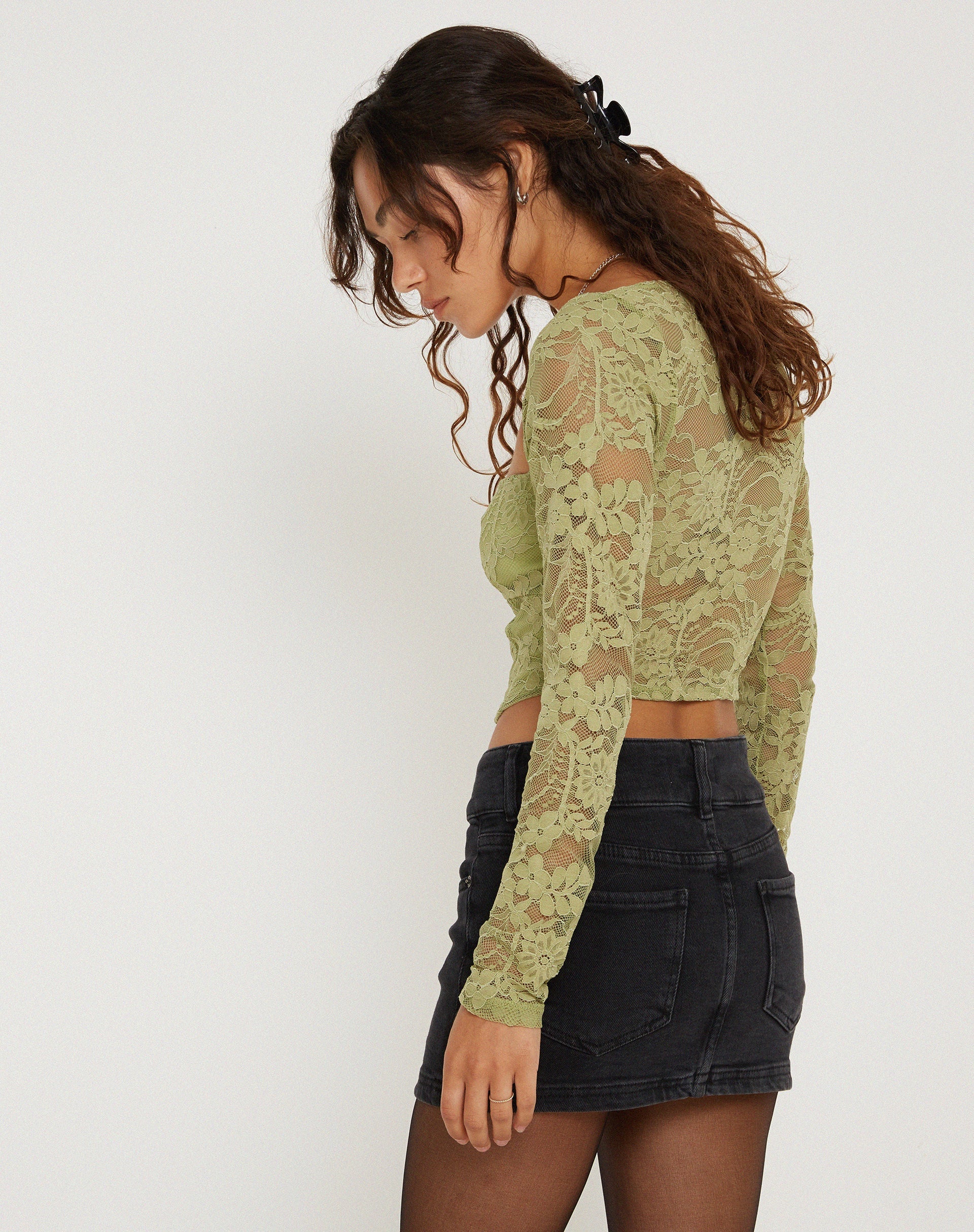 Square Neck Corset Top in Lace Green | Khafila – motelrocks-com-us