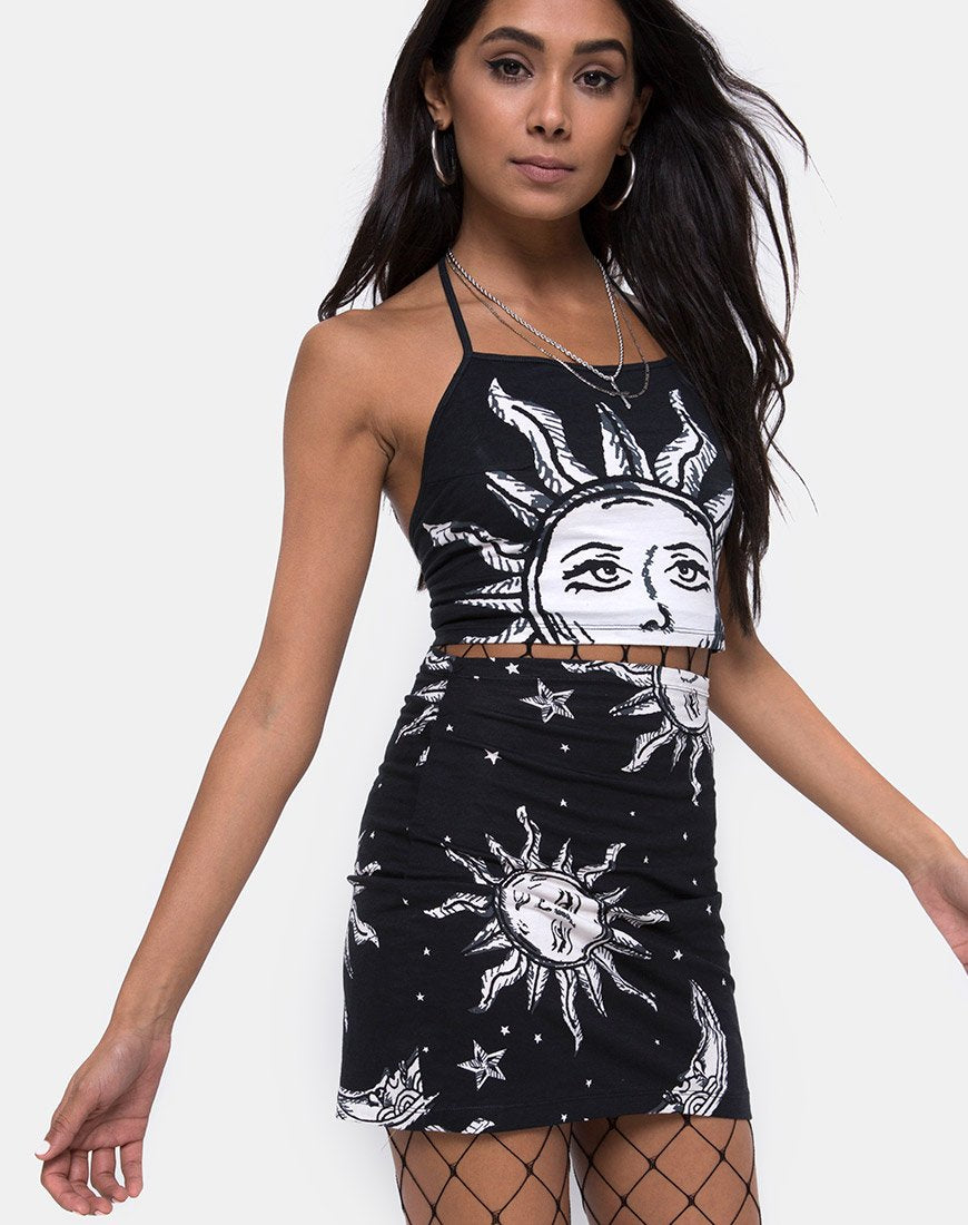 Kimmy Bodycon Skirt in Oversize Sun Moon and Stars