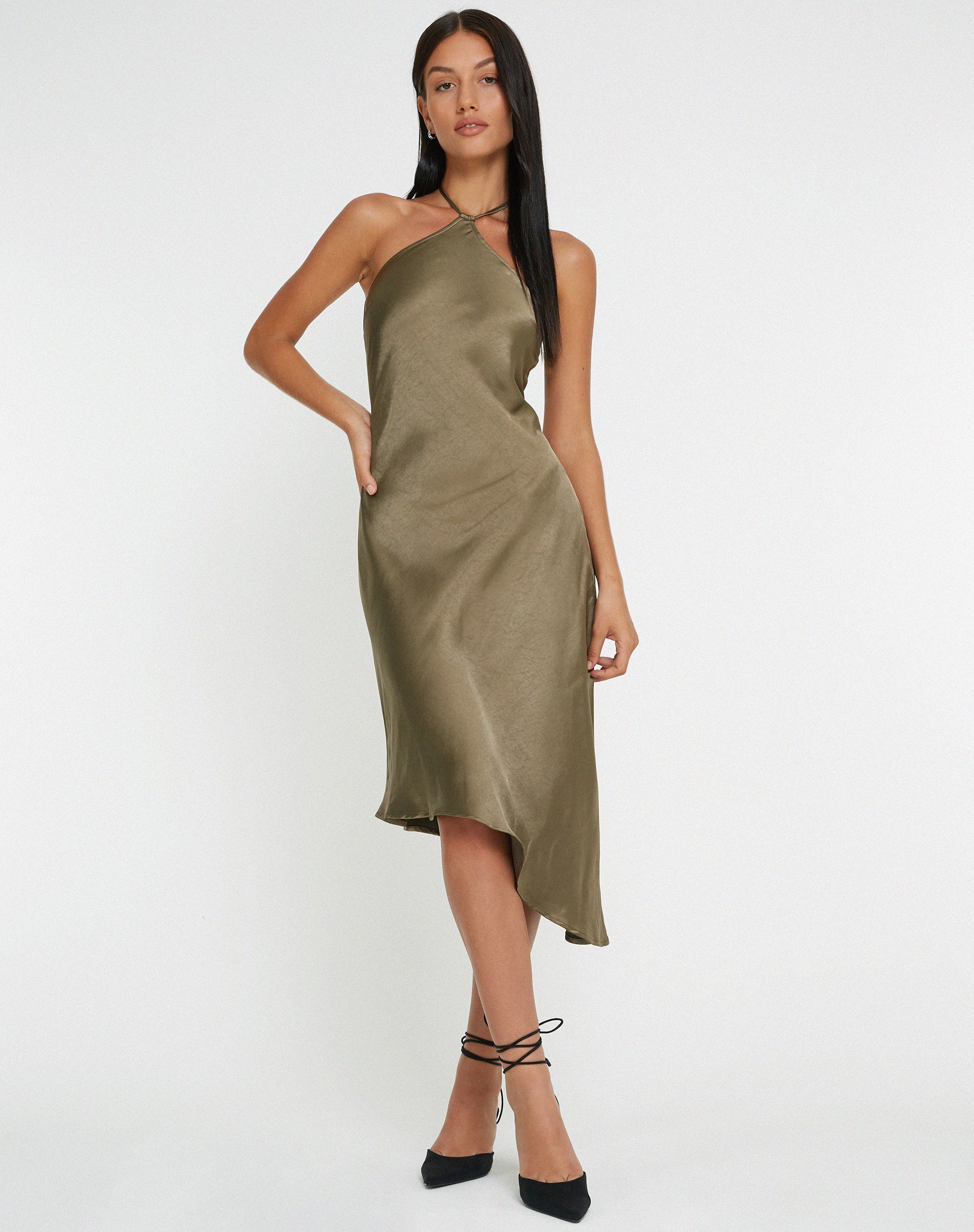 dark olive midi dress Emma Olive Green Pleated Midi Dress