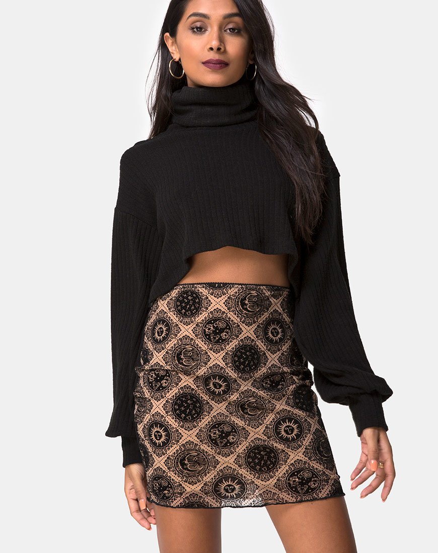 Kinnie Mini Skirt in Taupe Net with Black Sign Flock