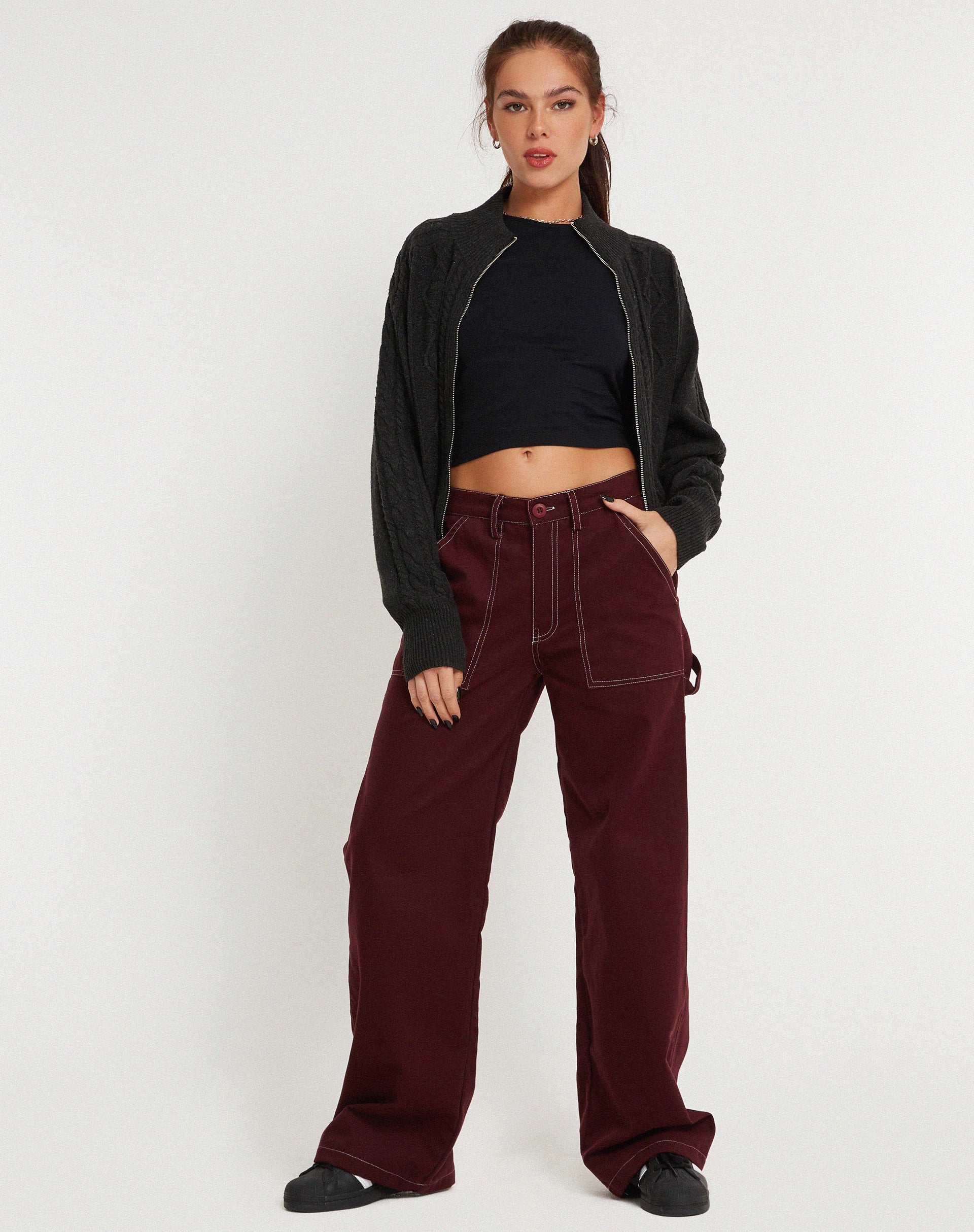CARGO TROUSERS WITH TOP STITCHING stitch flap pocket cargo Baggy High Waist  Jeans