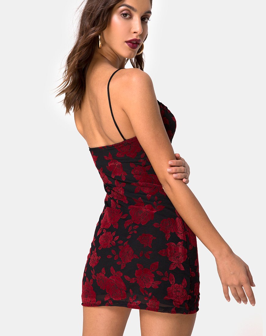 Image of Kumin Bodycon Dress in Romantic Red Rose Flock