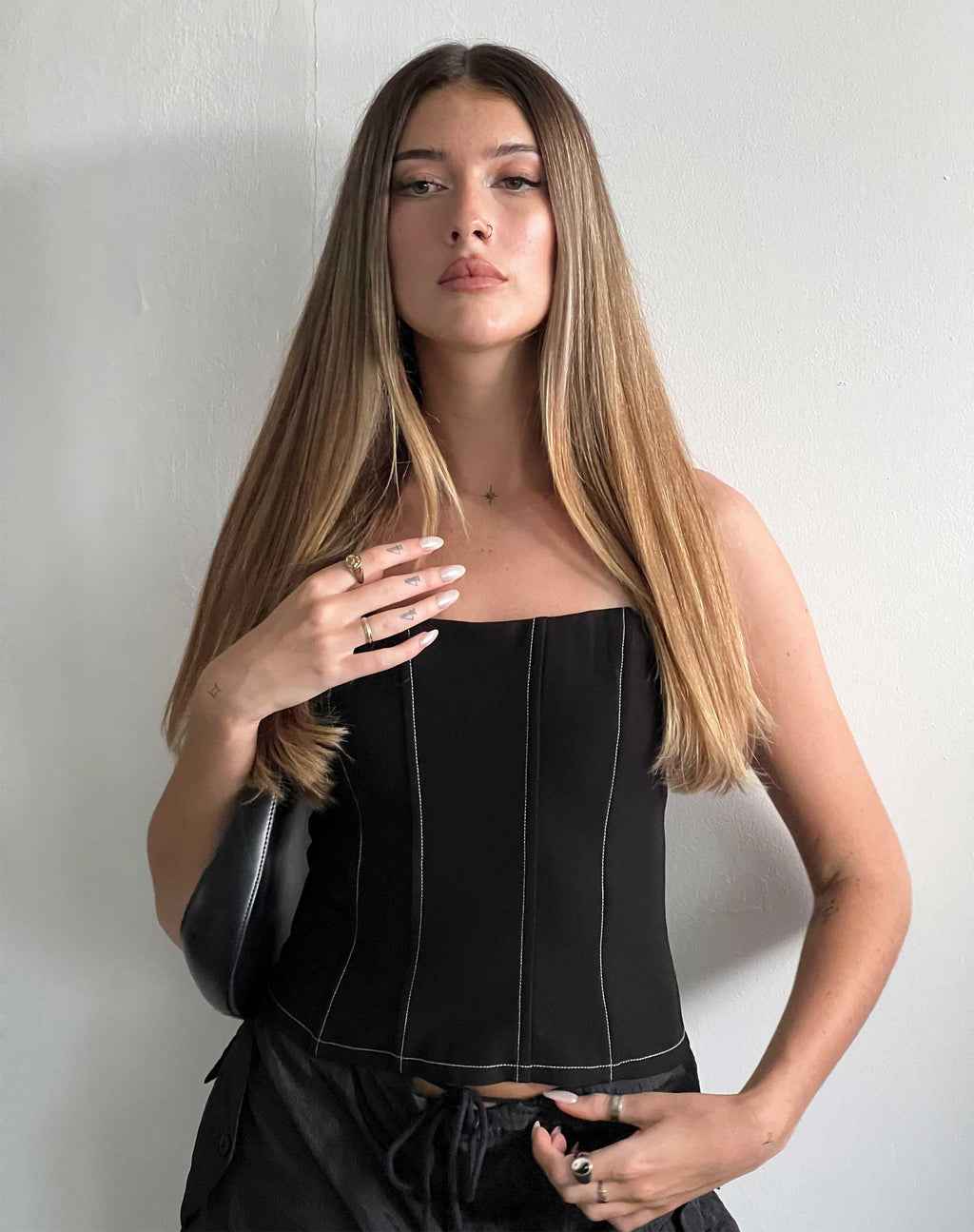 Kyana Corset Top in Black with White Stitch